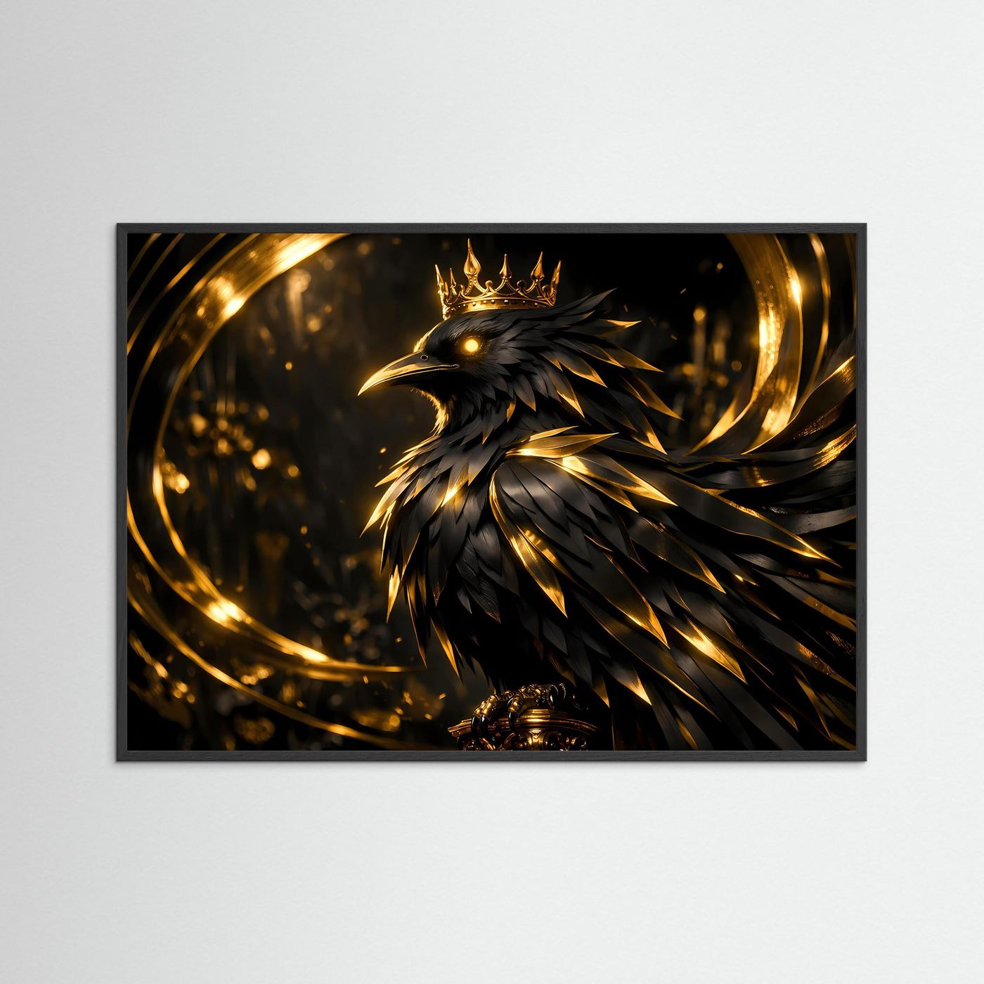 Majestätischer Rabe mit goldener Krone | Edles Fantasy Poster Querformat