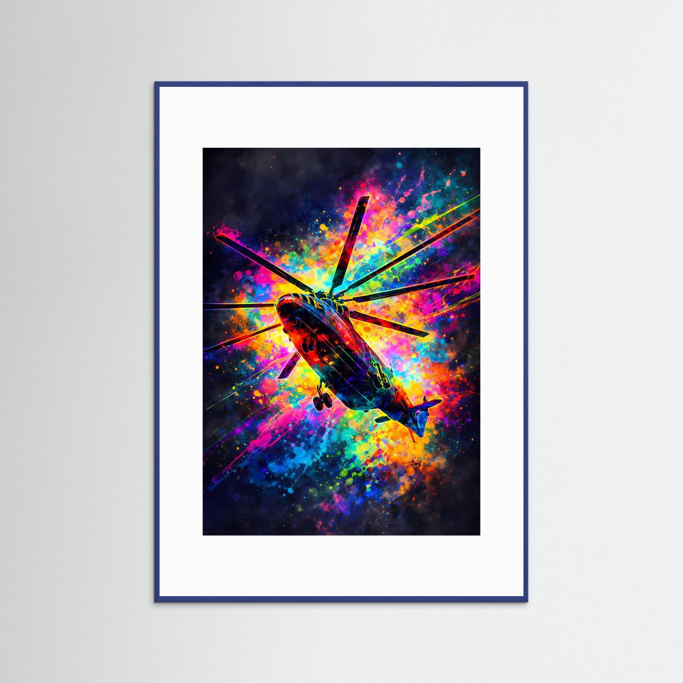 Dynamik des Himmels | Modernes Hubschrauber-Poster mit Neon-Farbspritzern | Abstraktes Kunstposter Hochformat