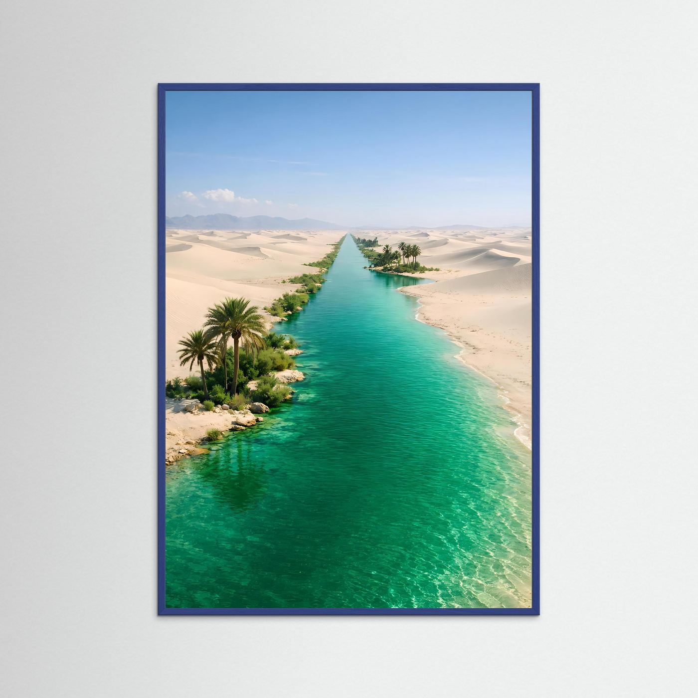 Oasenposter Hochformat mit smaragdgrünem Fluss, blau eingefasst