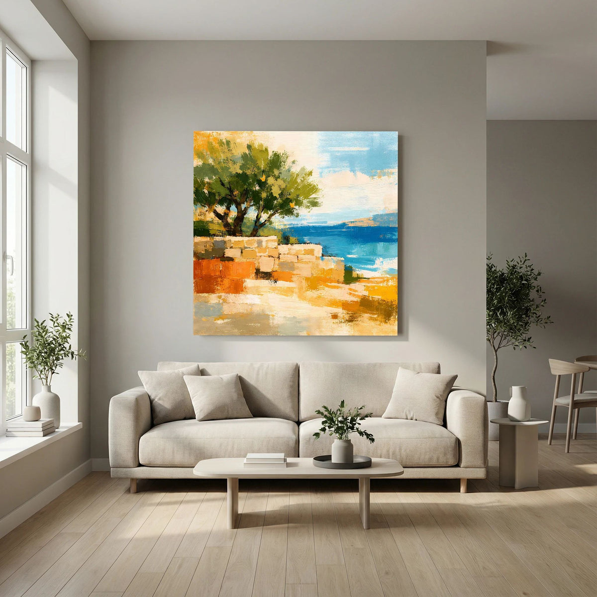 Quadratisches Leinwandbild mit Olivenbaum und Küste, blaues Wasser, warme Erdtöne