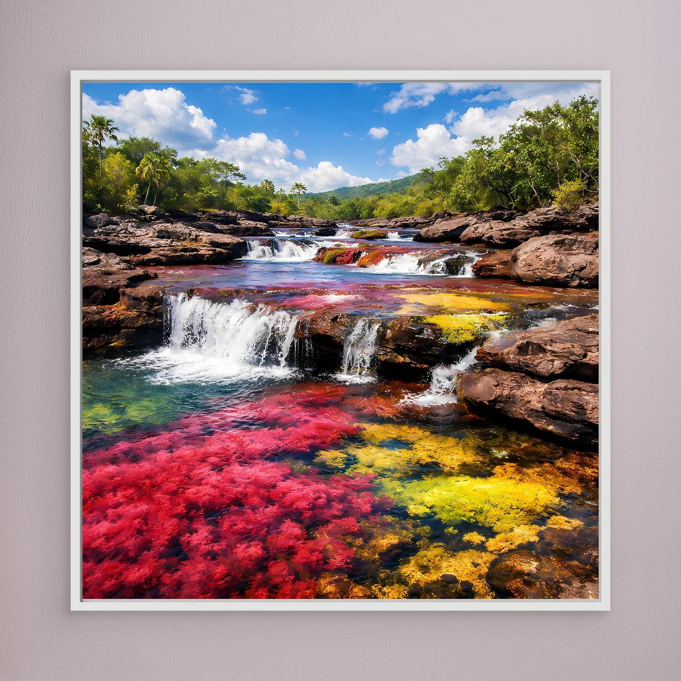 Leinwandbild mit Wasserfällen und Regenbogenfarben, weiß gerahmt