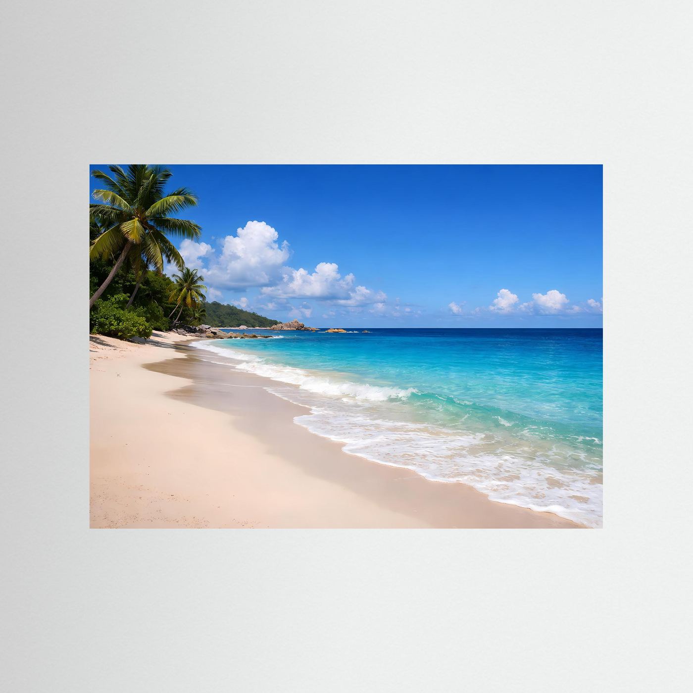 Strand-Poster mit Palmen, türkisblaues Meer, Querformat, mit blauer Einfassung