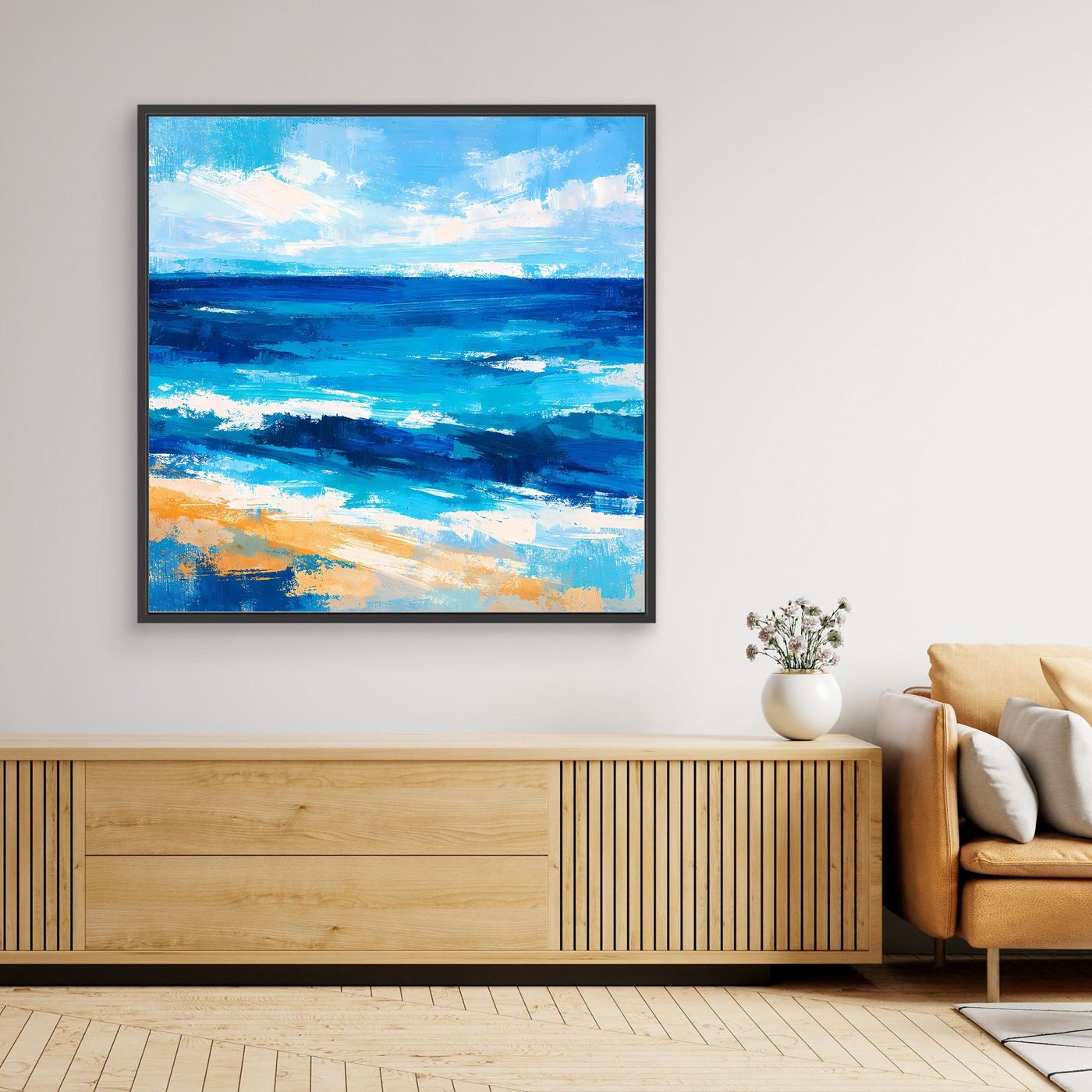 Framed canvas wall art featuring abstract blue seascape with white foam strokes