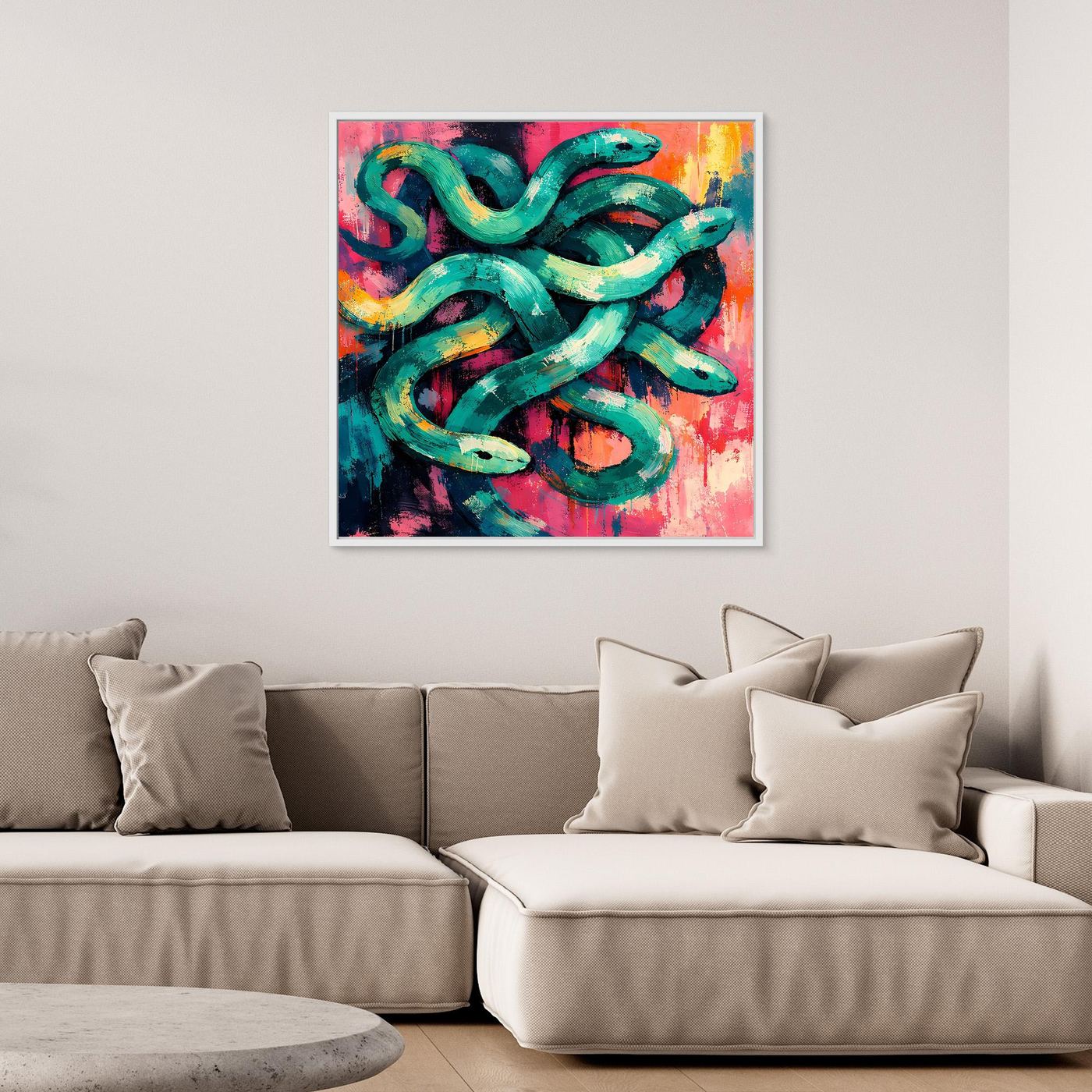Abstract snake wall art featuring teal coils with bright pink and orange splashes.