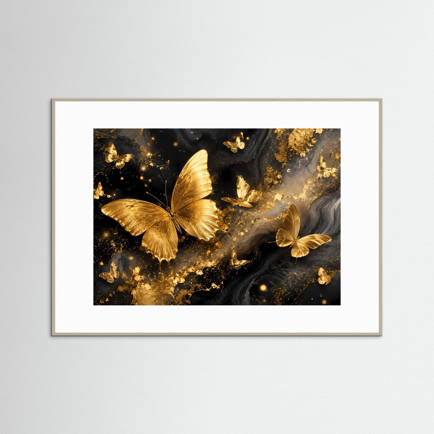 Goldene Schmetterlinge Poster | Luxuriöse Schmetterling Wandkunst in Gold | Abstrakte Schwarz Gold Kunst | Elegantes Premium Leinwandbild | Moderne Wall Art