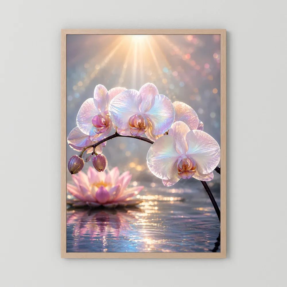 Blumenposter mit Orchideen und Lotusblüte, beiger Holzrahmen, Hochformat
