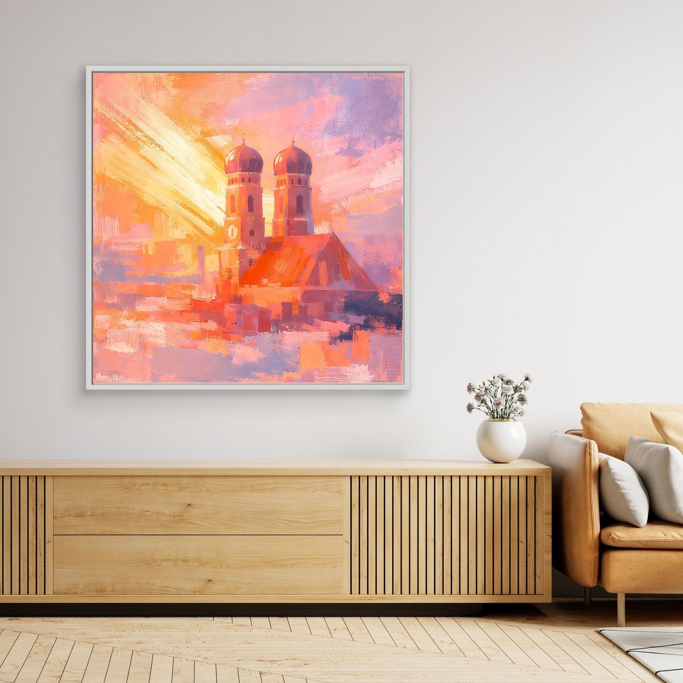 Premium Leinwand Frauenkirche München im Sonnenaufgang | Abstraktes Skyline Wandbild Bayern