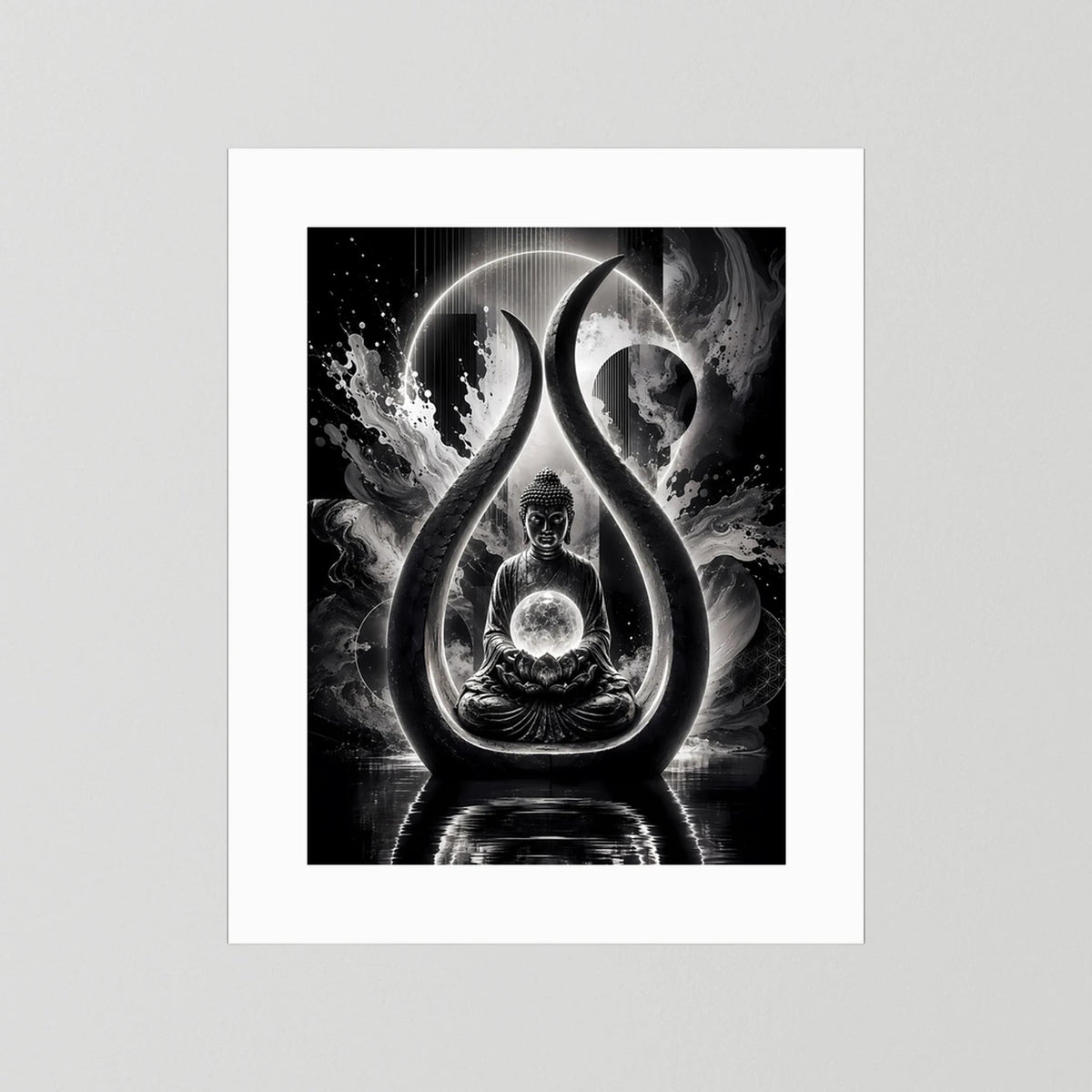 Buddha-Kunstposter in Schwarzweiß: Meditierender Buddha im Tropfen-Licht, ohne Rahmen
