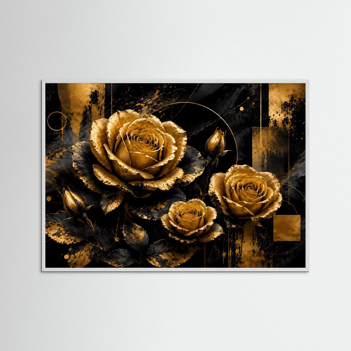 Gerahmtes Poster mit goldenen Rosen auf schwarzem Hintergrund, grauer Rahmen, ohne weißen Rand