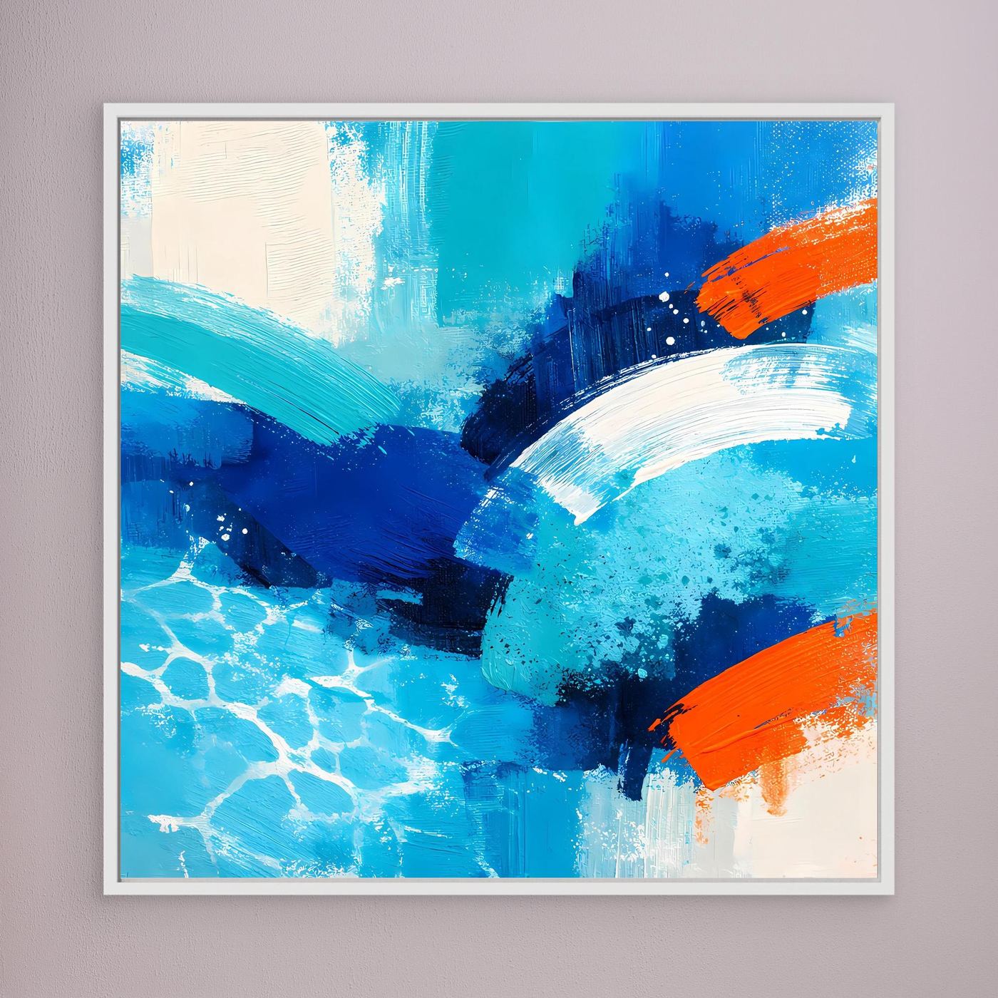 Blue and orange abstract ocean wave canvas in a white frame.