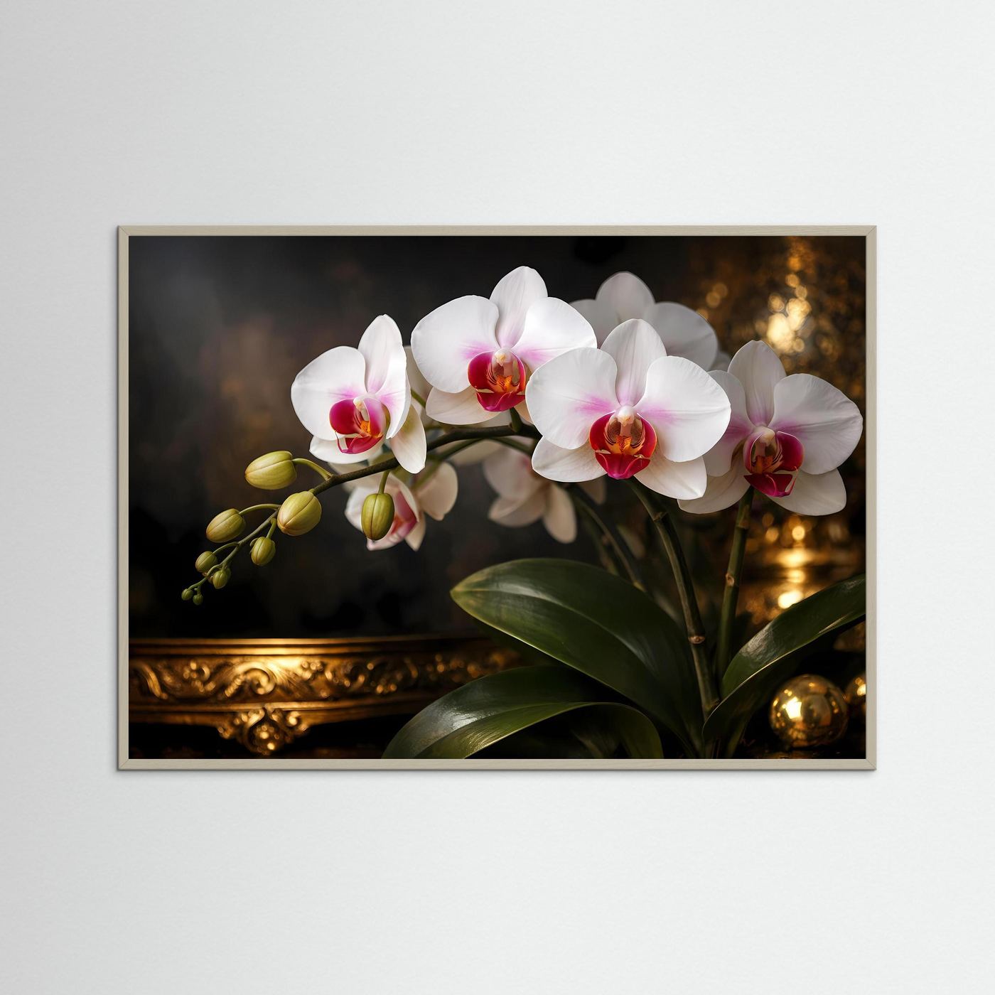 Orchideenposter mit weißen Blüten, rosa Zentren und goldenen Lichteffekten, grauer Rahmen