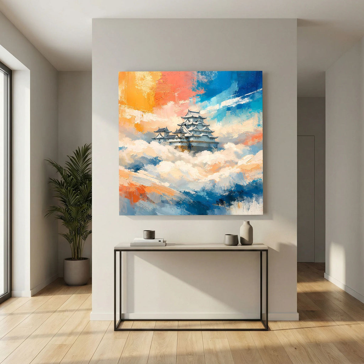 Rechteckiges Leinwandbild: Burg mit Pagodendächern über Wolken, Blau-Orange Farbkomposition.
