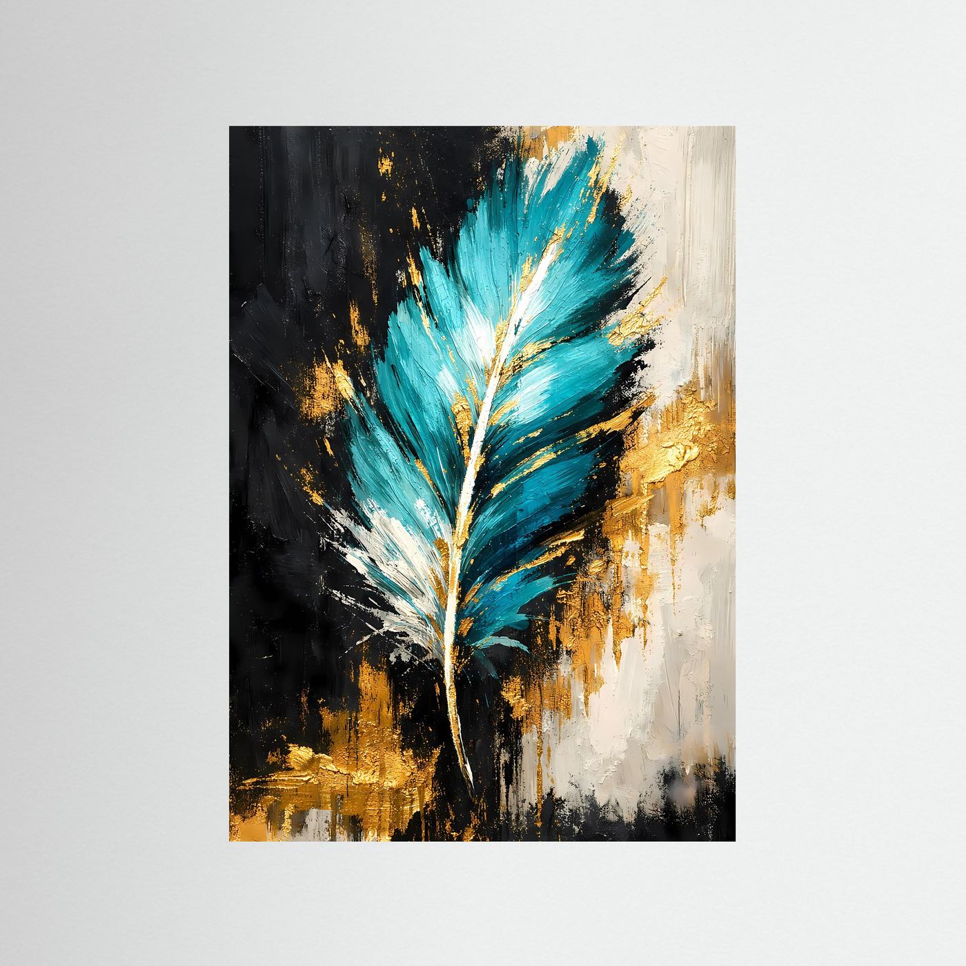 Abstraktes Feder-Kunstposter mit türkisblauer Feder, goldenen Akzenten und schwarzem Grund