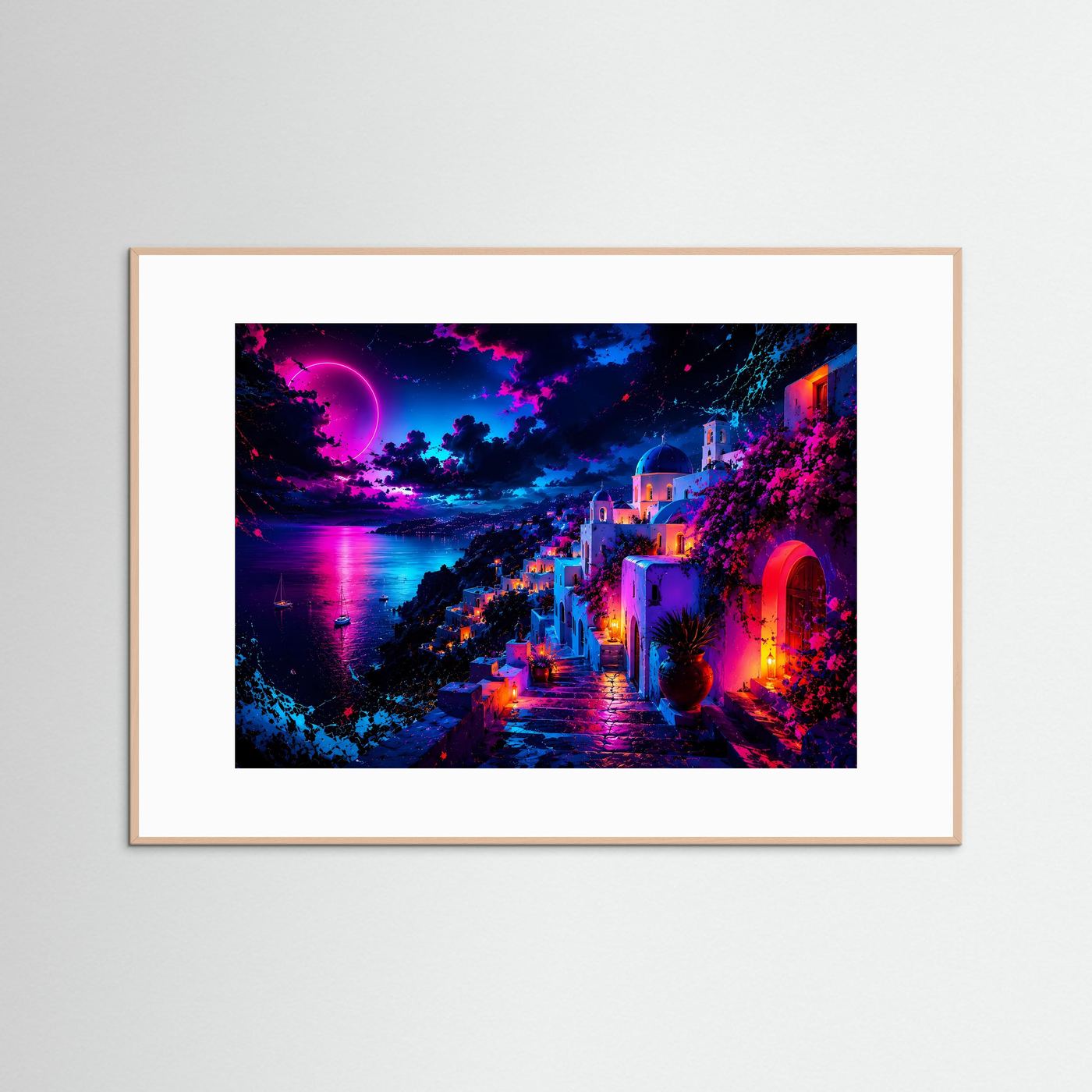 Santorini bei Nacht in Neonfarben | Abstraktes Griechenland Panorama Poster Querformat in Pink, Blau & Violett