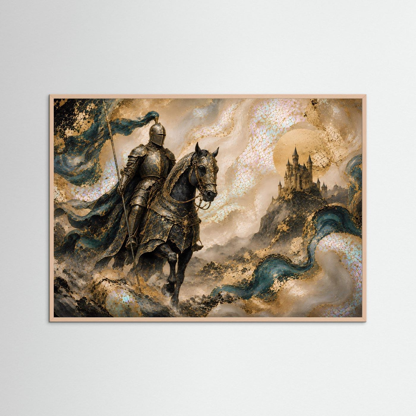 Mittelalterlicher Ritter auf Pferd | Fantasy Schloss in Gold & Petrol