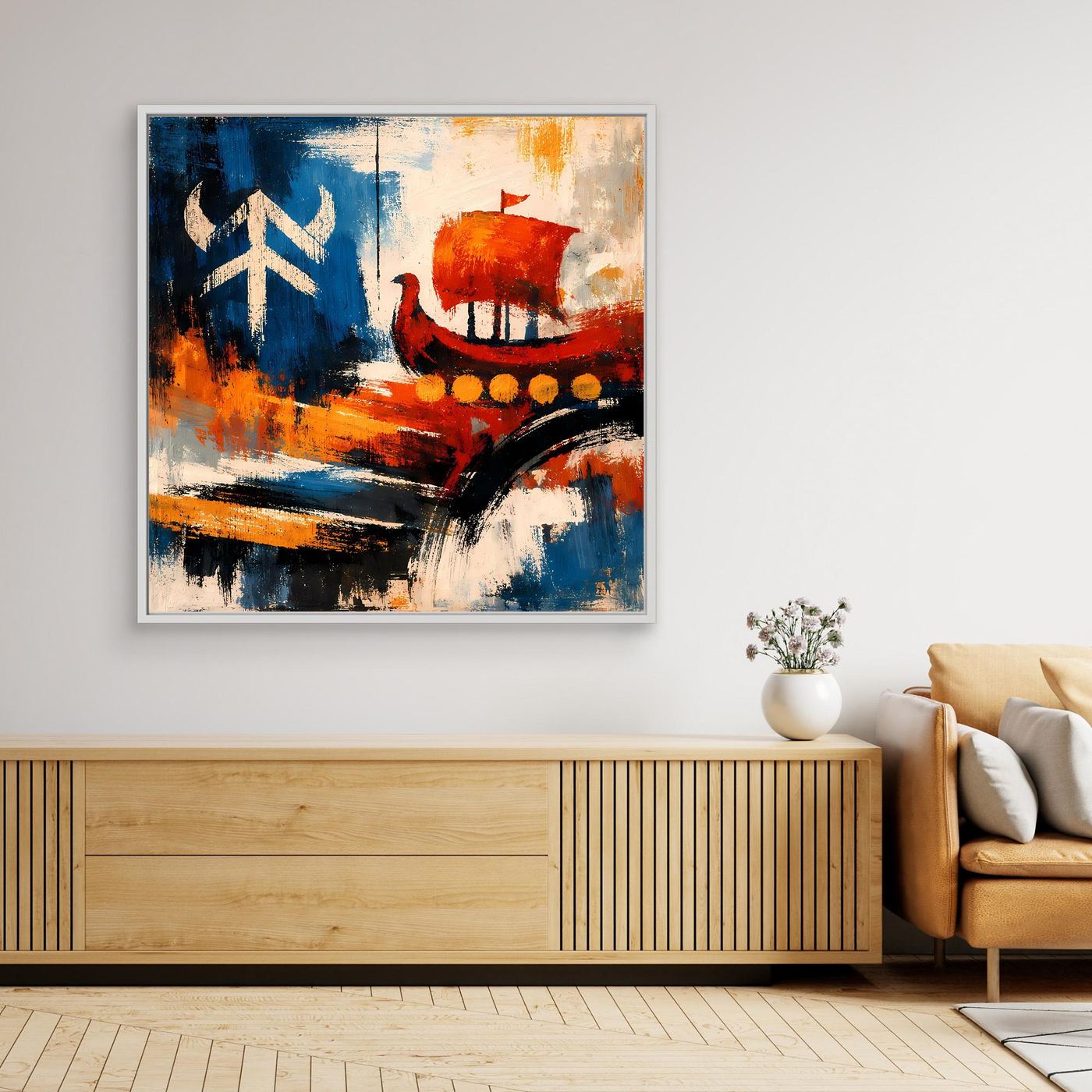 Abstraktes Wandbild mit Wikingerschiff, blau-rotes Segel und Ankerflagge, hellgrauer Rahmen