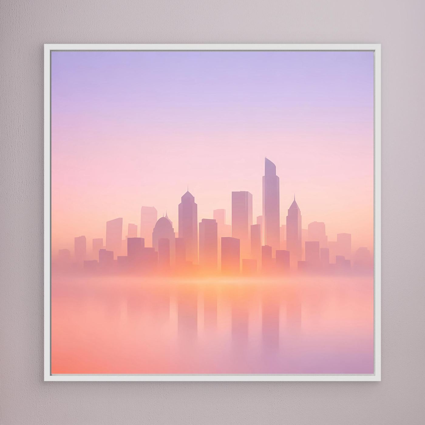 Quadratisches Leinwand-Wandbild mit Skyline im Dunst, weiß gerahmt