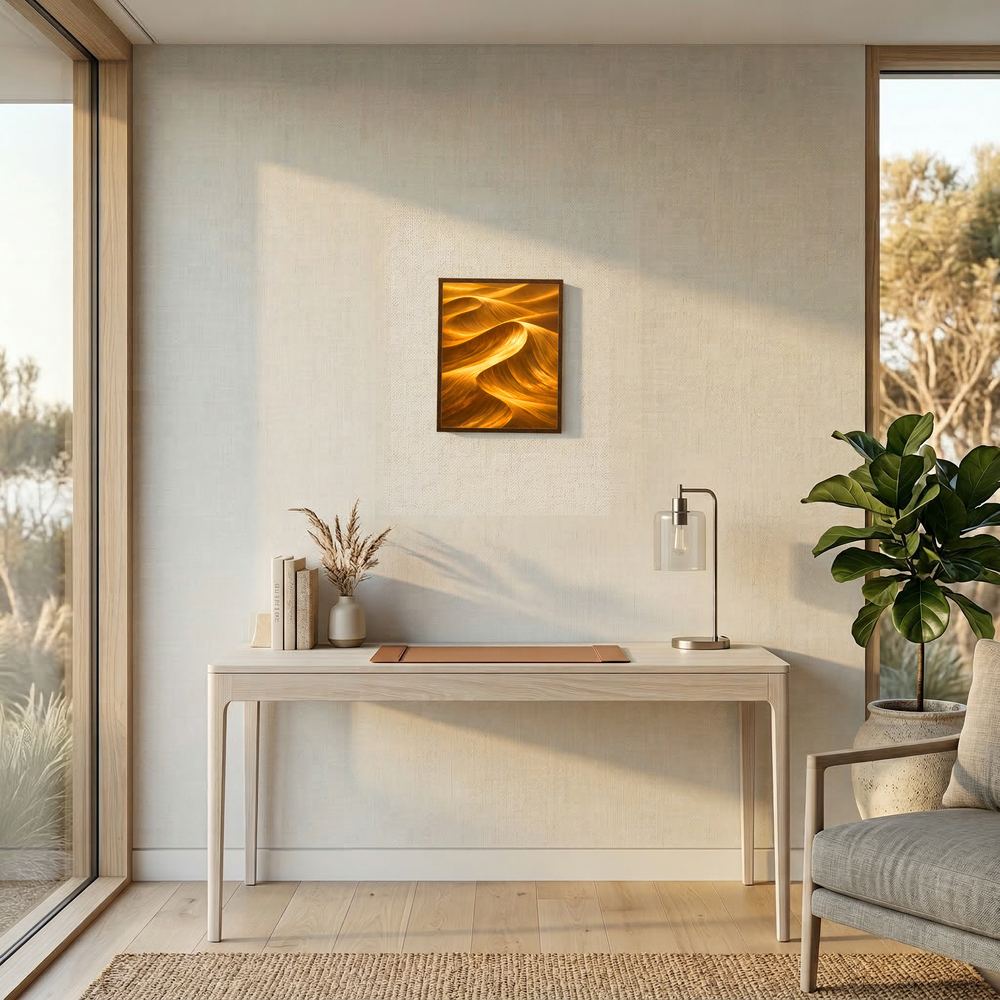 Quadratisches, gerahmtes Poster mit goldenen Sandwellen und dunklen Farbverläufen