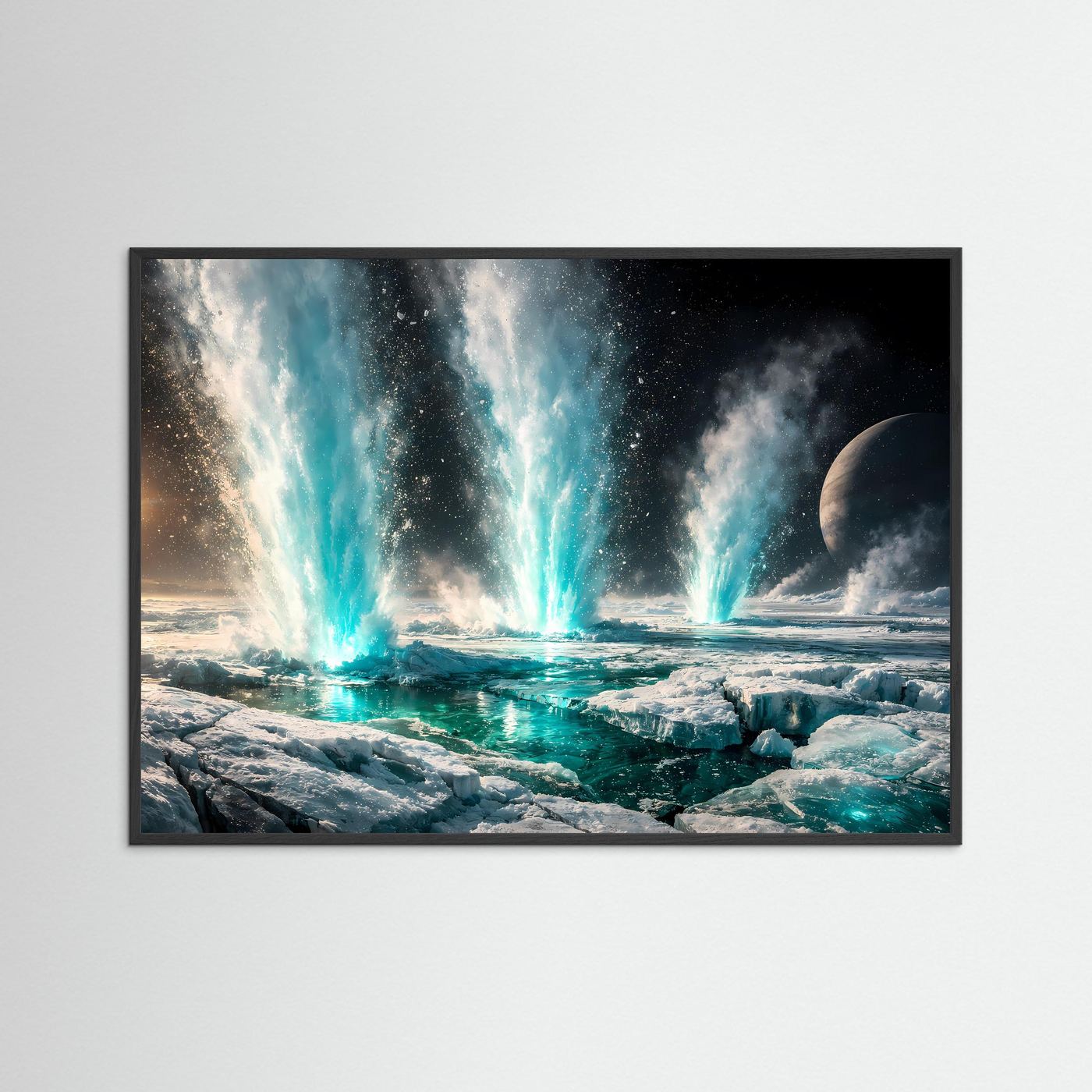 Querformatiges Poster mit dampfenden Geysiren in eisiger Landschaft, türkisfarbenem Wasser, schwarz gerahmt