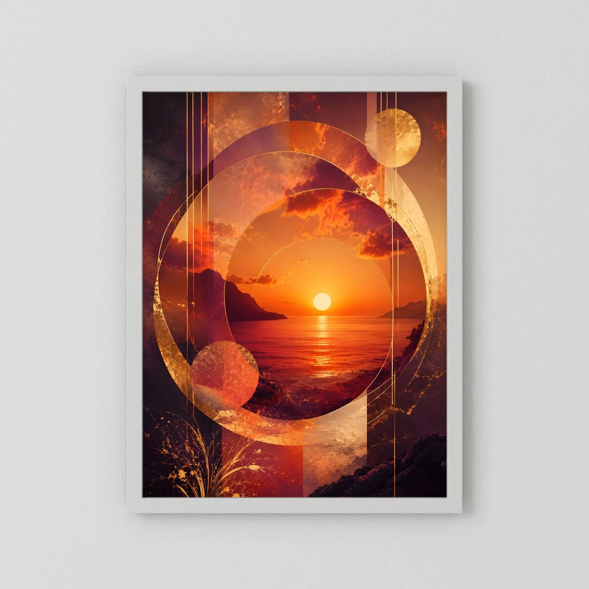 Abstraktes Sonnenuntergangs-Poster mit Kreis- und Liniengrafik über Meer, gold-orange, im weißen Rahmen