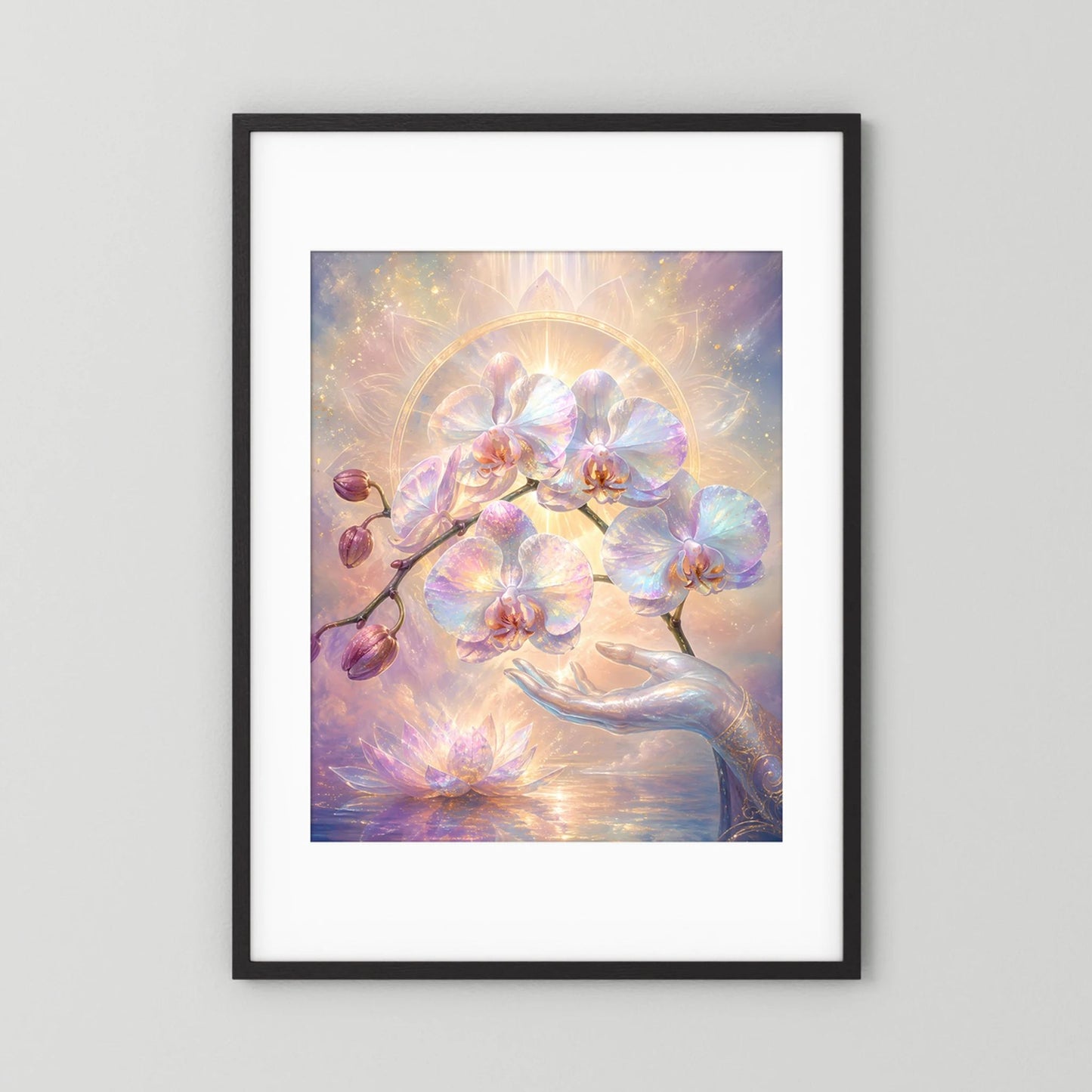 Hochformatiges Kunstposter mit Orchideen- und Lotusmotiv, Perlmutt-Pastell, schwarzer Rahmen