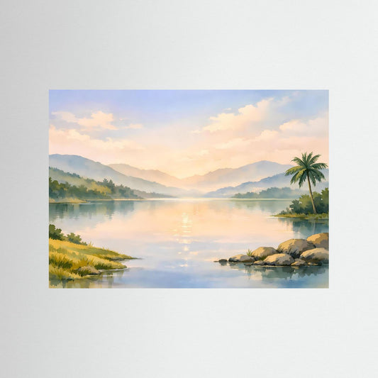 Natur-Poster ohne Rahmen, aquarellierte Tropenlandschaft mit See, Bergen und Palmen