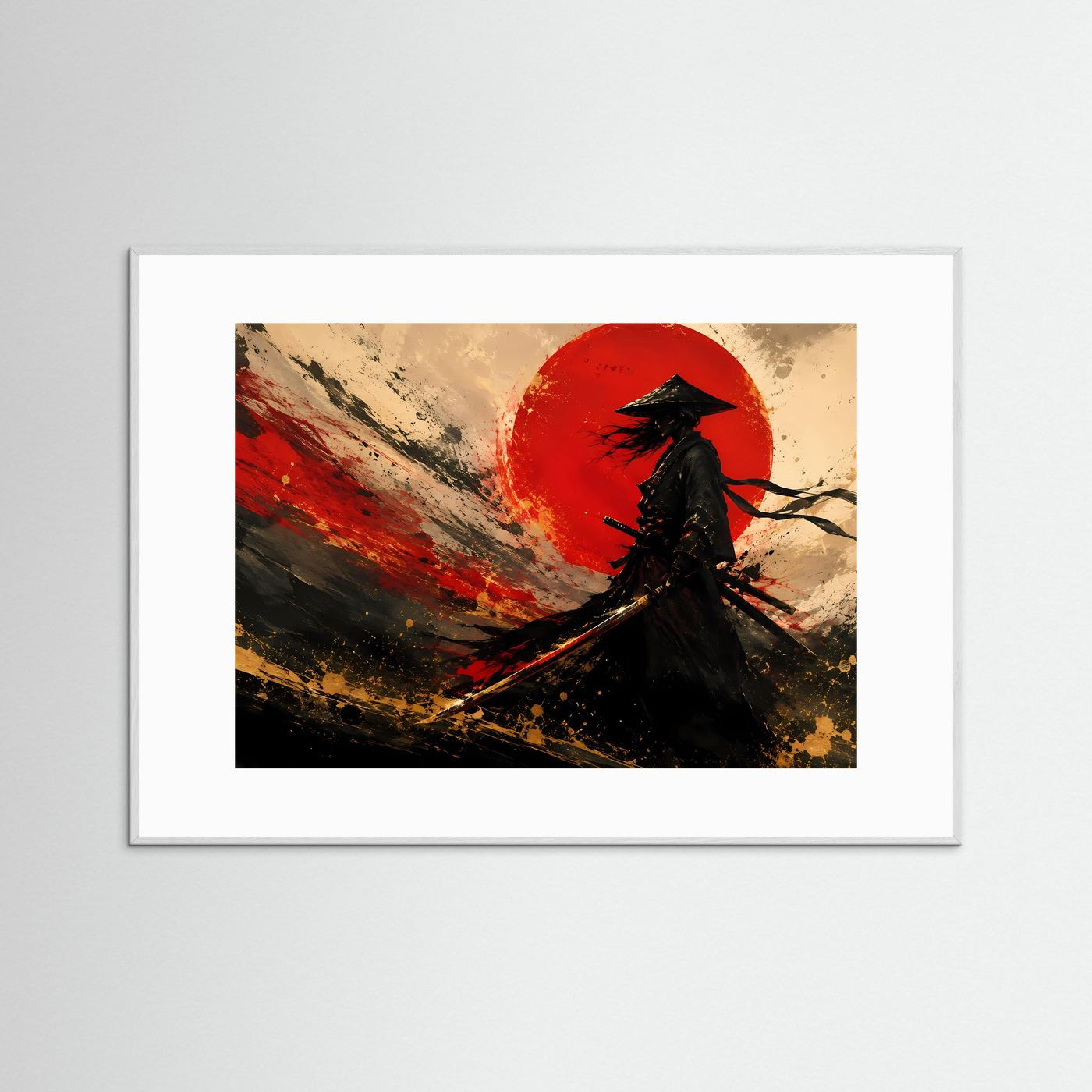 Samurai vor der Roten Sonne | Abstrakte Japanische Wandkunst in Schwarz, Gold & Rot