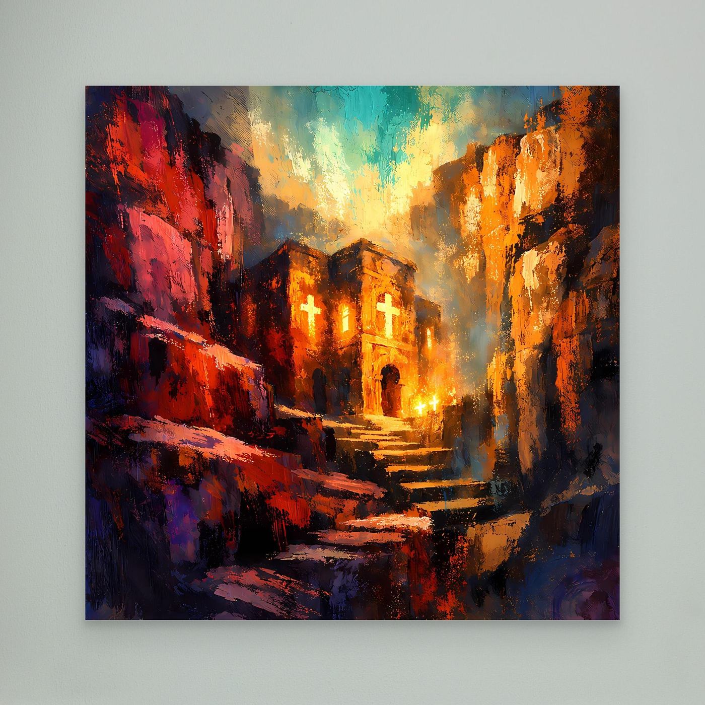 Abstraktes Leinwand-Wandbild mit Klosterweg und leuchtender Lichtstimmung, ohne Rahmen