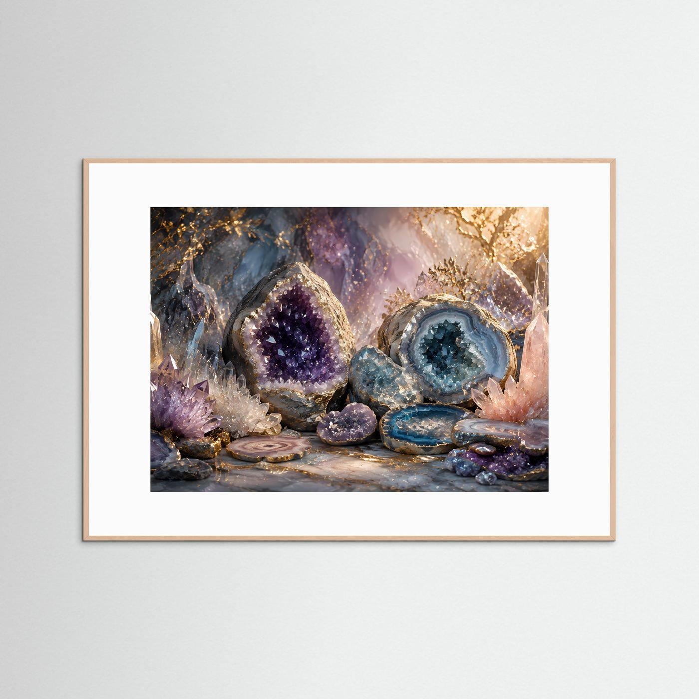 Mineral-Poster im hellem Holzrahmen mit lila Amethyst- und blauen Achatgeoden