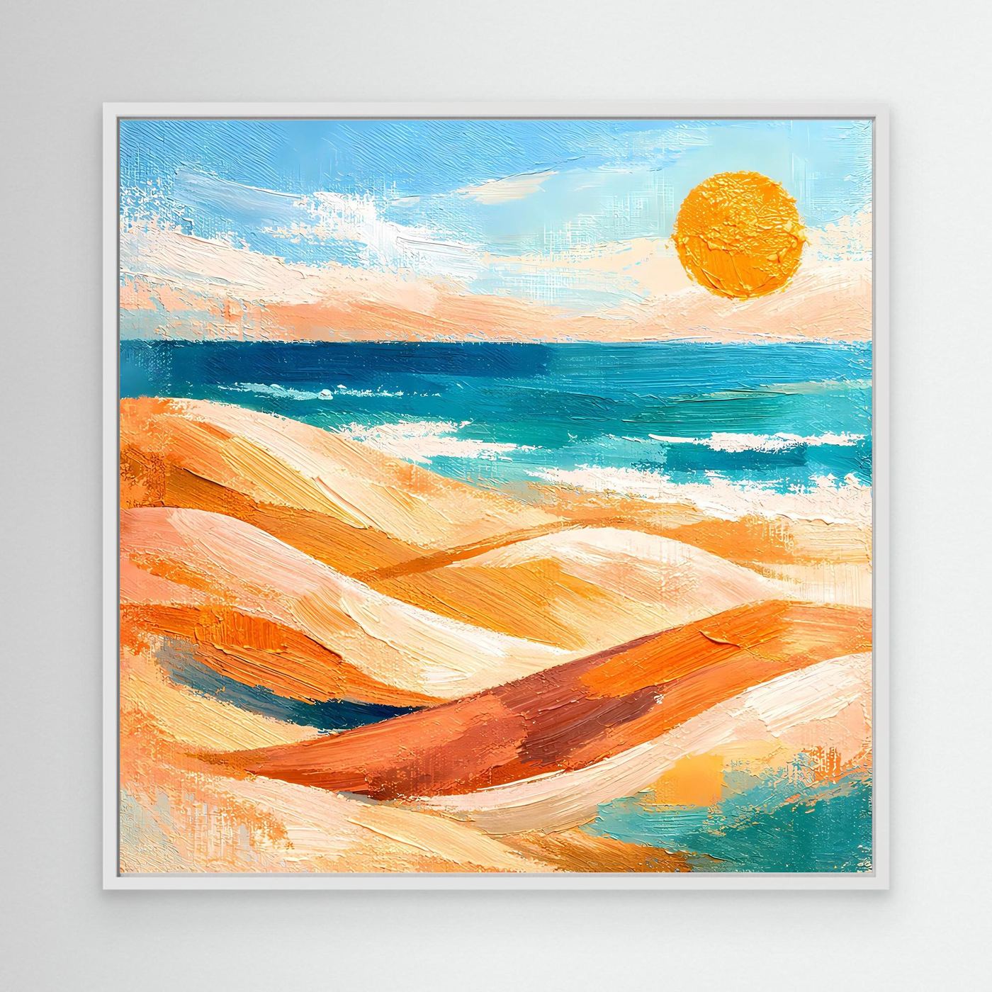 Leinwand-Wandbild mit abstraktem Strand und Meer, Sonnenmotiv, mit weißem Rahmen