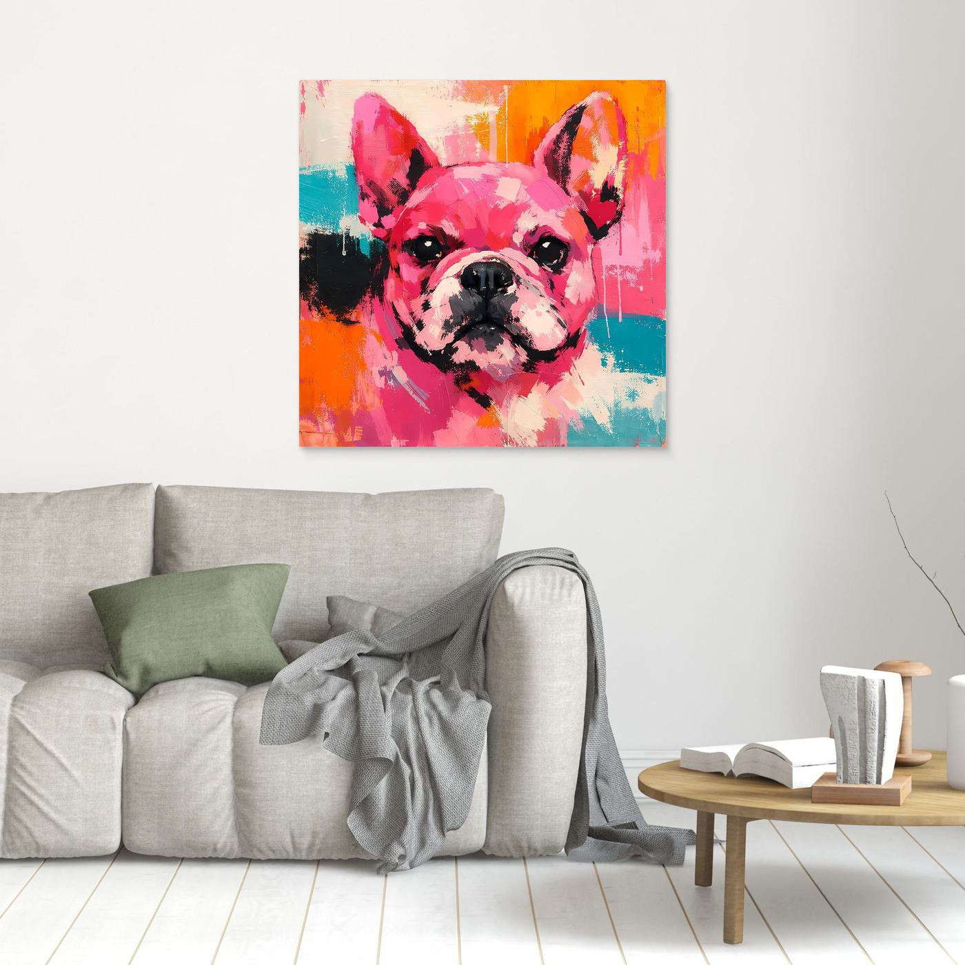 Abstract French bulldog portrait painting in pink, orange, teal, and black; small frame