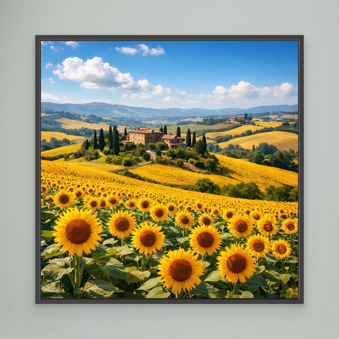 Leinwandbild mit Sonnenblumenfeld und toskanischer Hügellandschaft, schwarz gerahmt