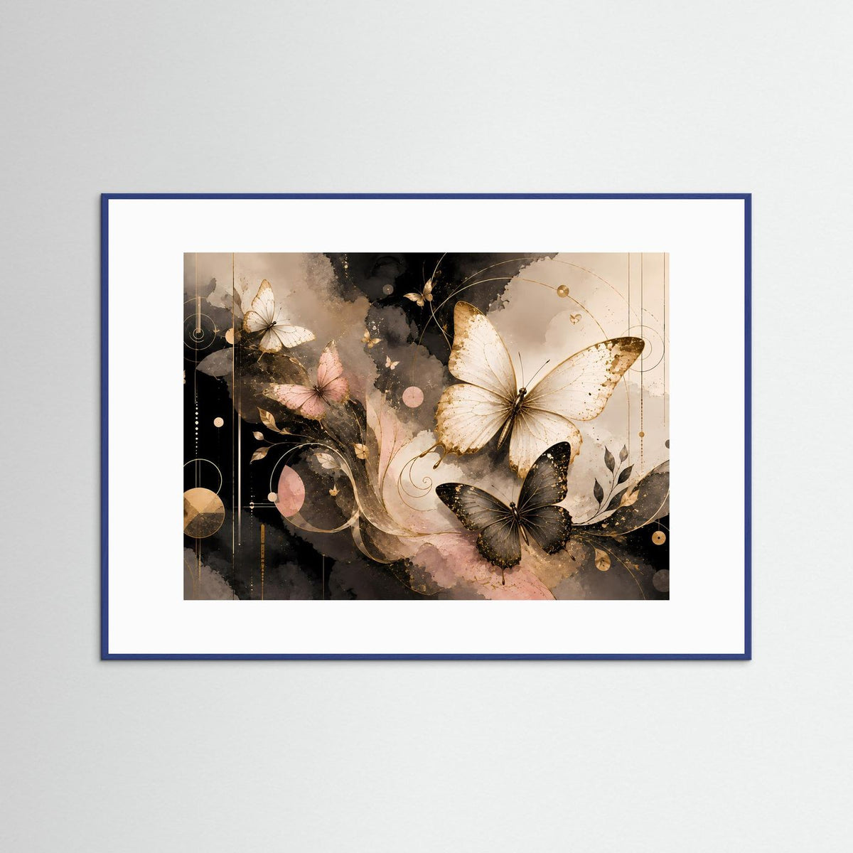 Querformatiges Wandbild mit Schmetterlingen in Schwarz, Creme und Gold im blauen Rahmen