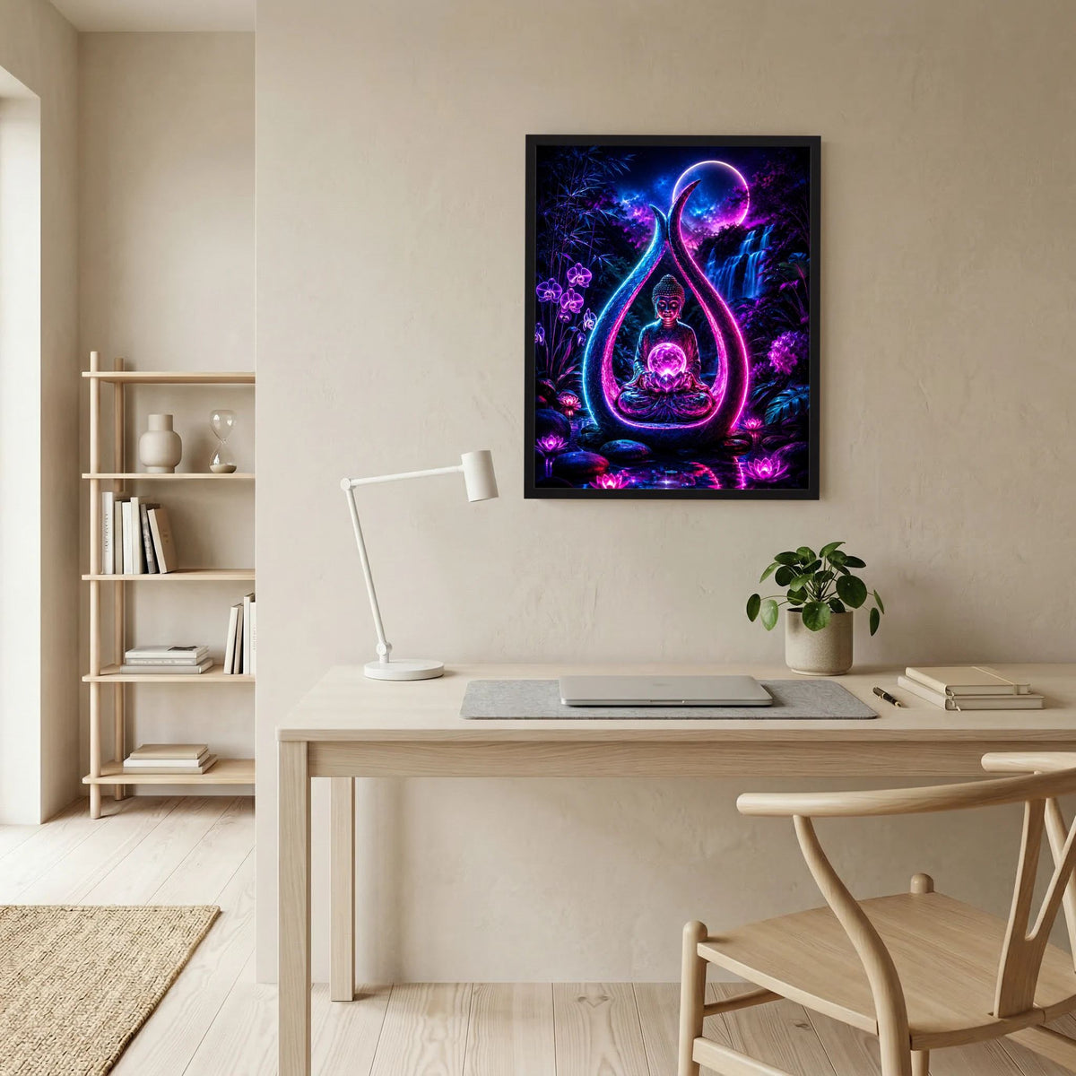 Gerahmtes Neon-Buddha-Poster mit Lotus und Mond, magenta-violette Leuchterscheinung