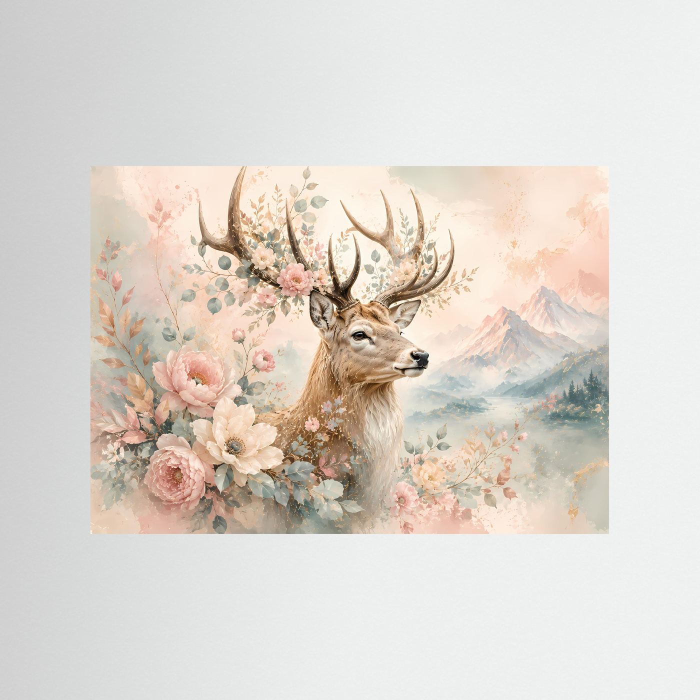 Hirsch mit Blumen Poster | Floraler Hirsch in Pastellfarben | Elegante Natur Wandkunst | Romantische Berglandschaft | Premium Leinwand & Wall Art
