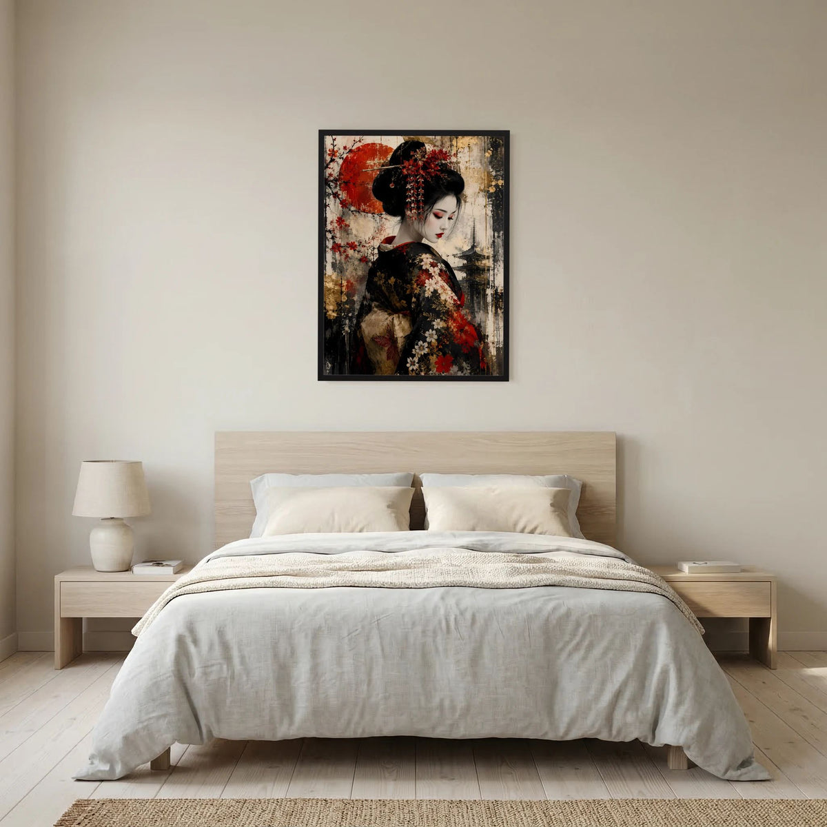 Gerahmtes Poster mit Porträt einer japanischen Frau in Schwarz und Rot, florale Details