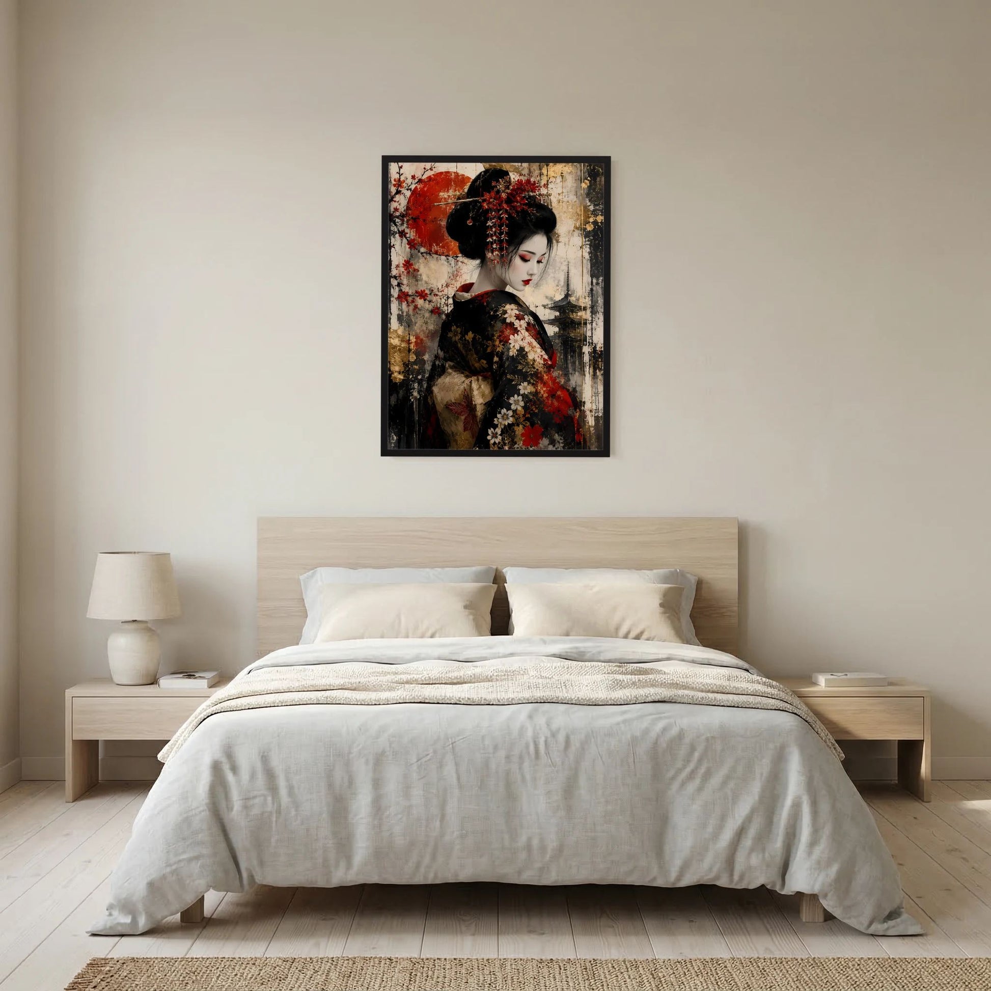 Gerahmtes Poster mit Porträt einer japanischen Frau in Schwarz und Rot, florale Details