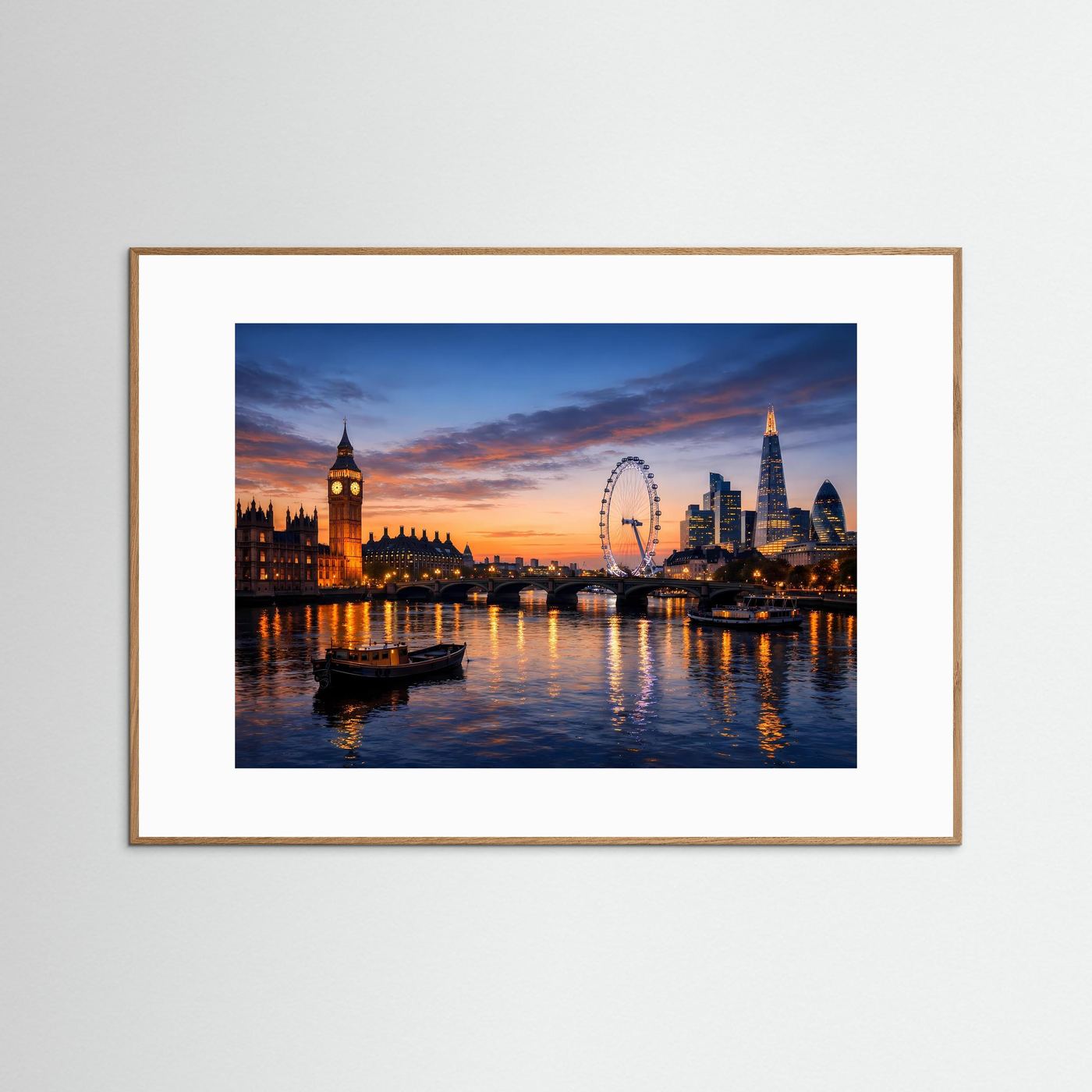 Gerahmtes Poster mit hellem Holzrahmen: London Eye und Skyline im Sonnenuntergang