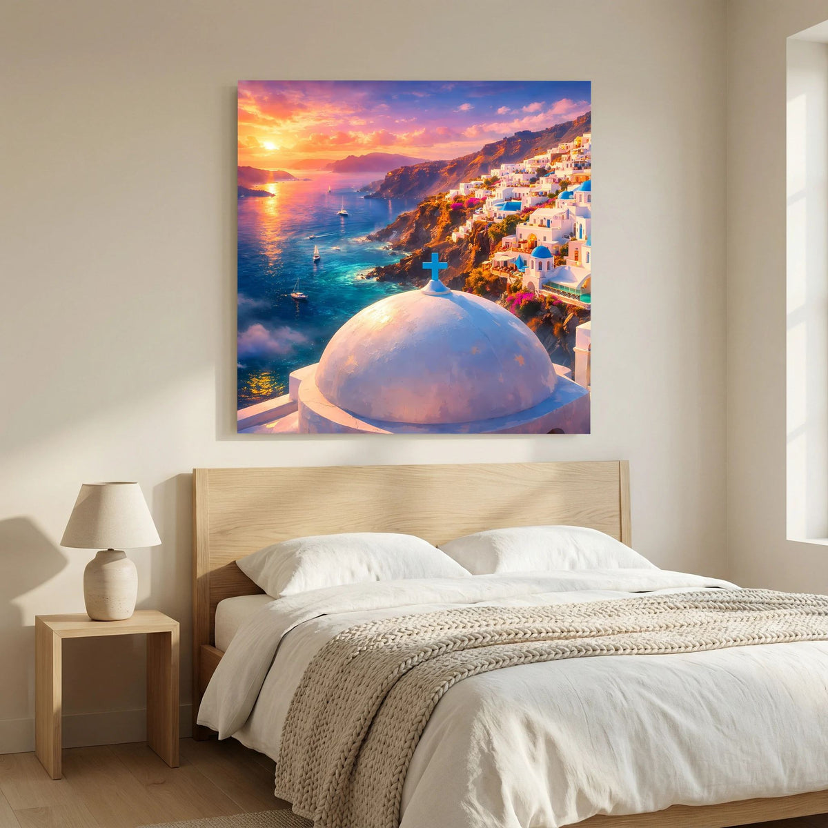 Leinwandbild mit Kuppel und Kreuz, Meer und Felsen bei Sonnenuntergang, blauer Rahmen