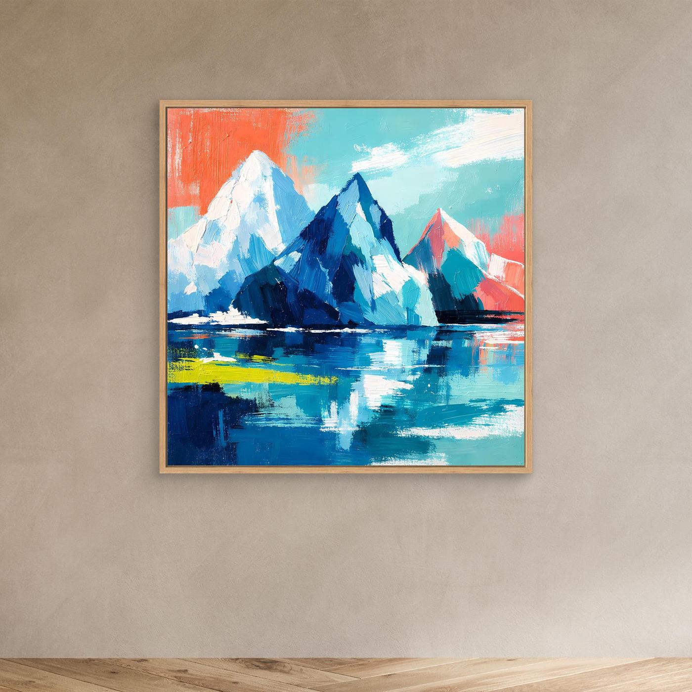 Abstract mountain and sea wall art in oak frame, colorful ice mountains over blue water