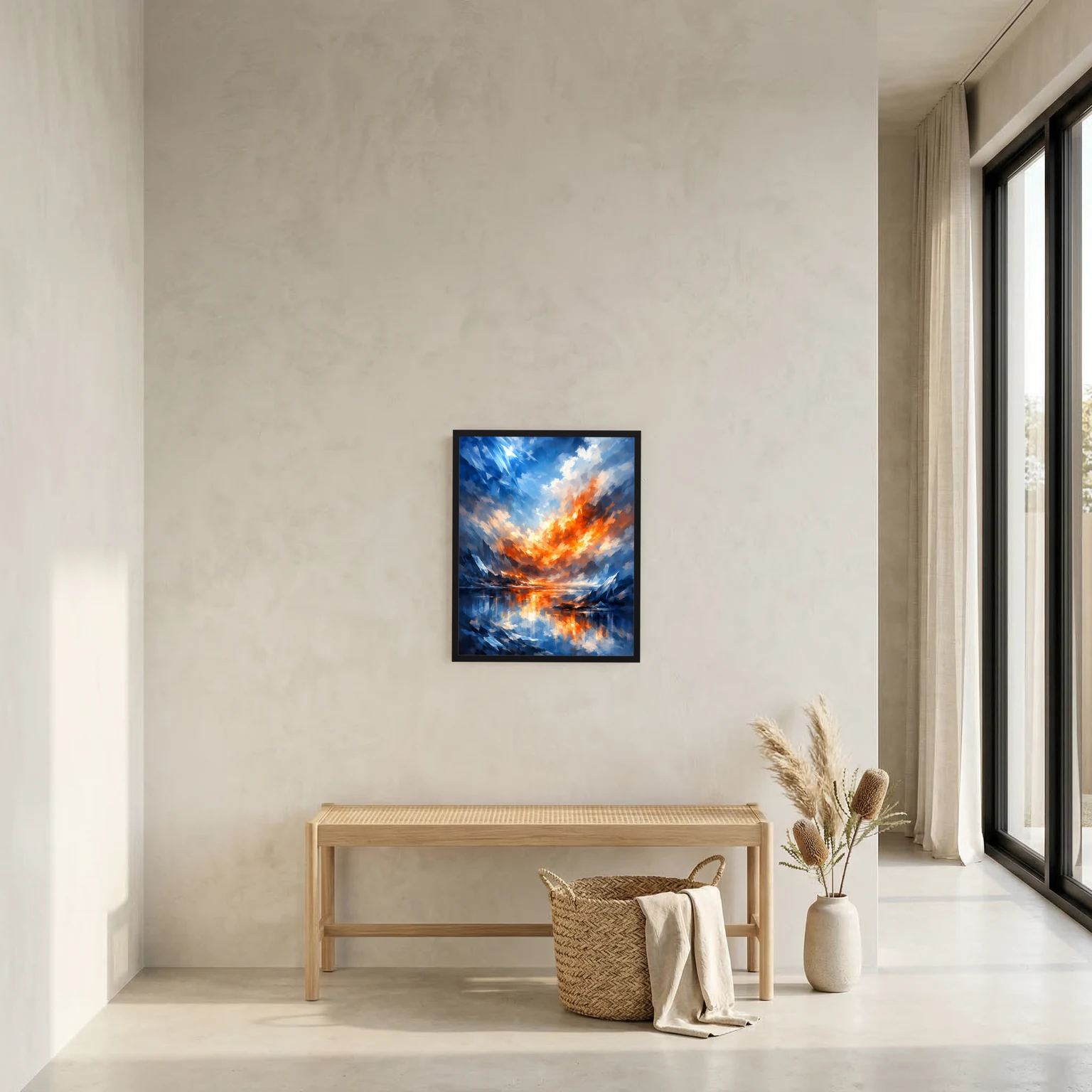 Gerahmtes abstraktes Poster: blau- orangefarbener Feuerhimmel über spiegelnder Fläche