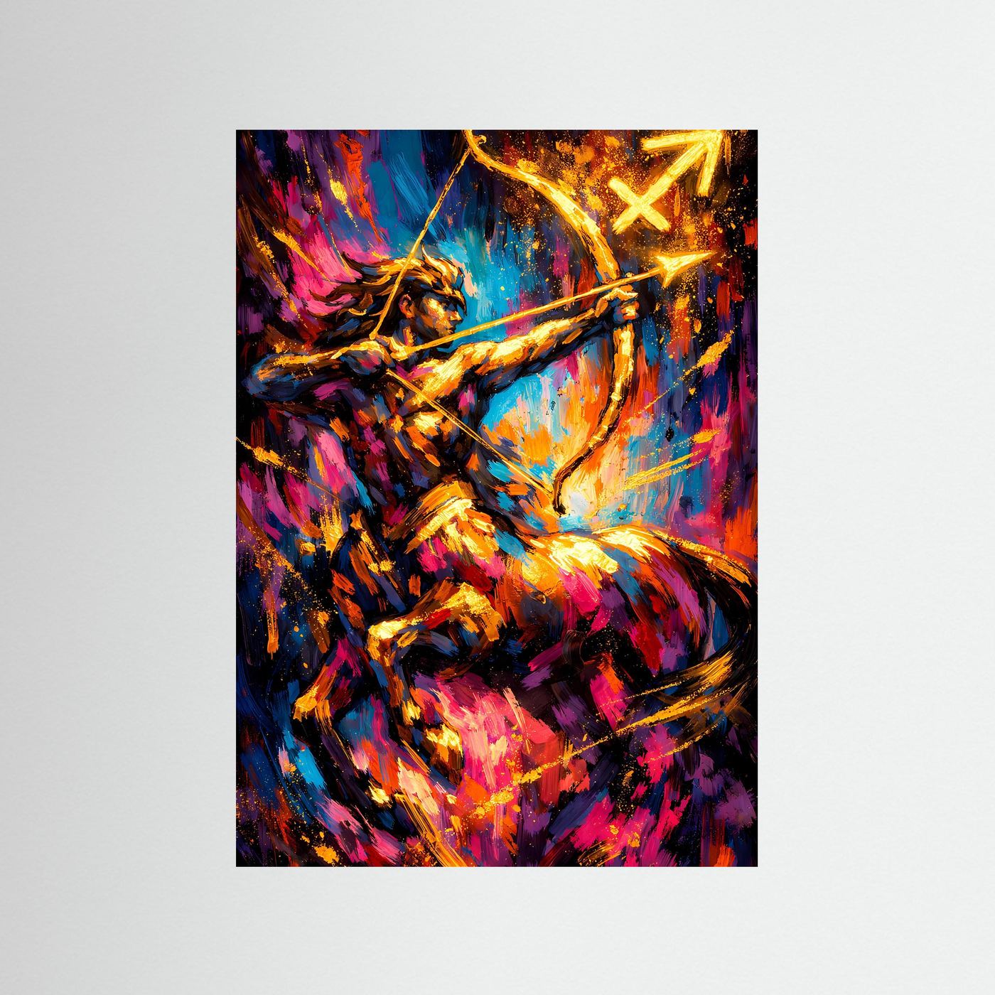 Sternzeichen-Poster Schütze mit abstrakter Neon- und Goldgrafik, Bogenschütze, Hochformat.