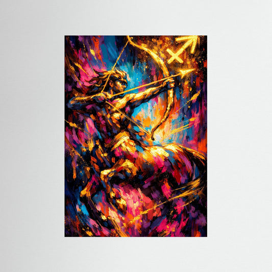 Sternzeichen-Poster Schütze mit abstrakter Neon- und Goldgrafik, Bogenschütze, Hochformat.