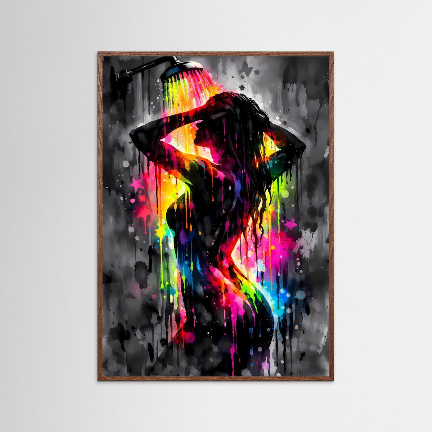 Die Kunst der Erfrischung | Neon Dusch-Poster mit weiblicher Silhouette & Regenbogen-Farben | Abstraktes Pop-Art Kunstposter Hochformat