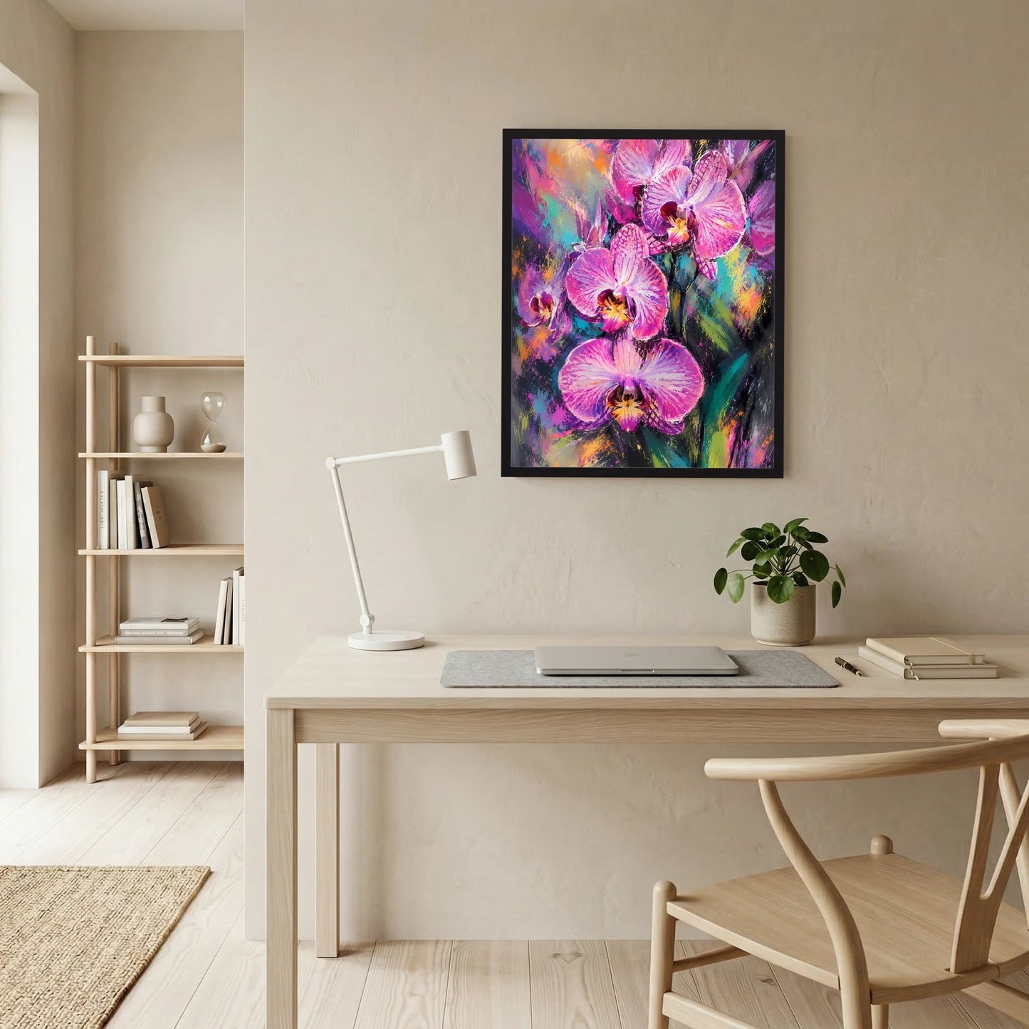 Kunstposter mit Orchideen-Motiv in Pink und Violett im schwarzen Rahmen