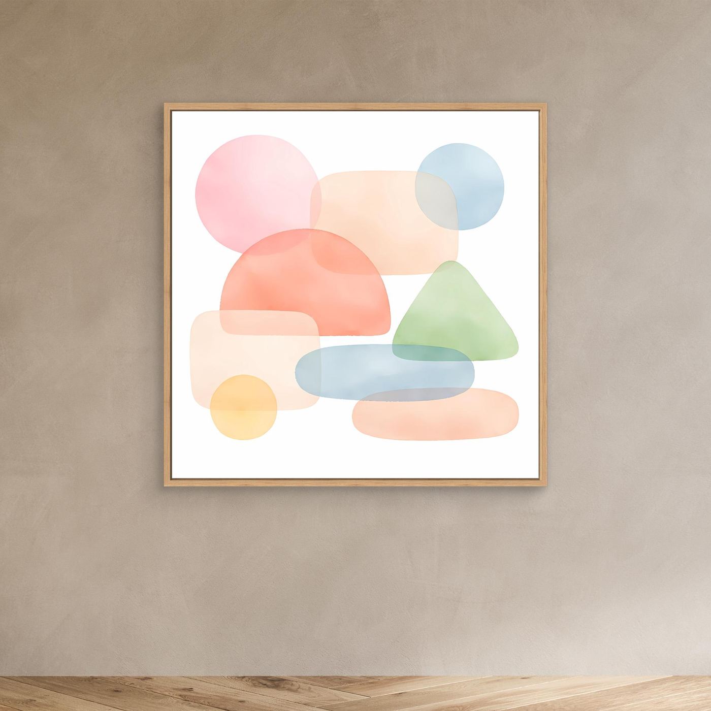 Leinwandbild mit abstrakten Pastellformen, brauner Holzrahmen