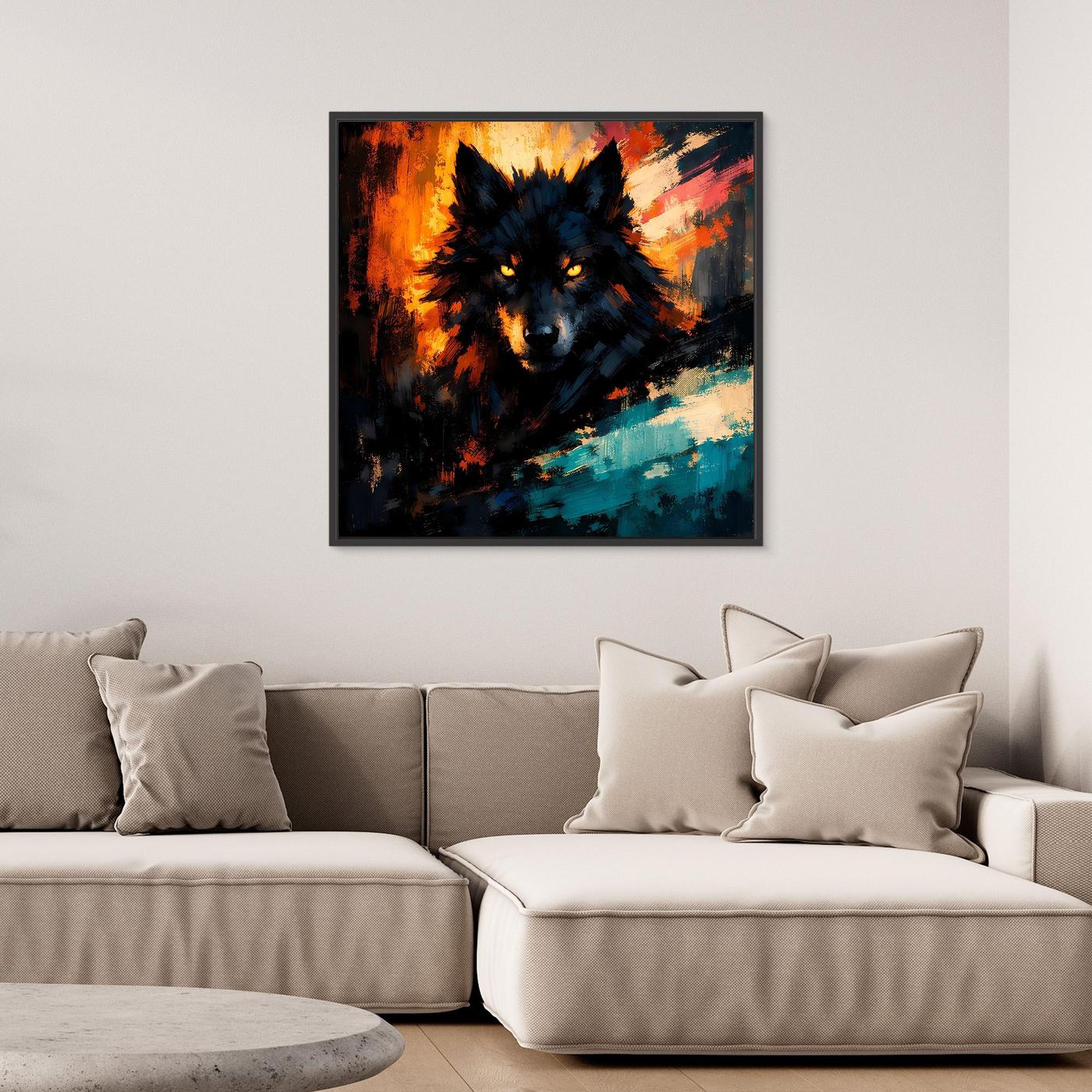 Gerahmtes Leinwandbild mit dunklem Wolf im abstrakten Feuerschein, orange-türkis, schwarz gerahmt