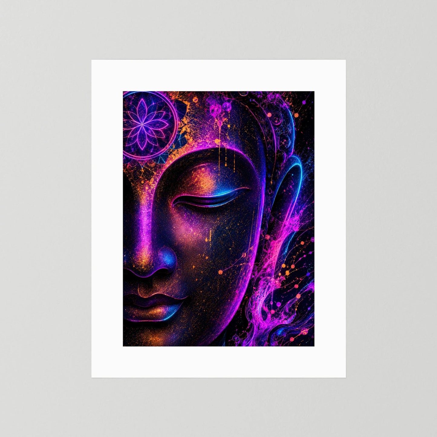 Neon-Buddha-Poster mit weißem Rand, Buddha-Profil in leuchtenden Pink-Blau-Tönen