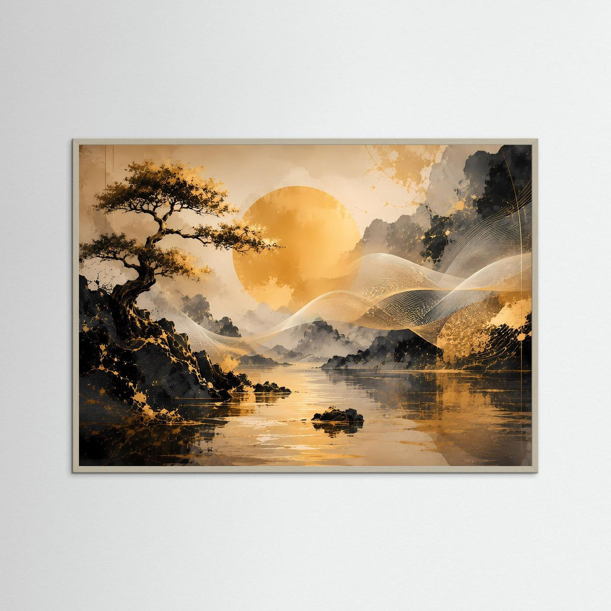 Querformat-Poster im grauen Holzrahmen: goldener Bonsai am See mit Sonnenmotiv