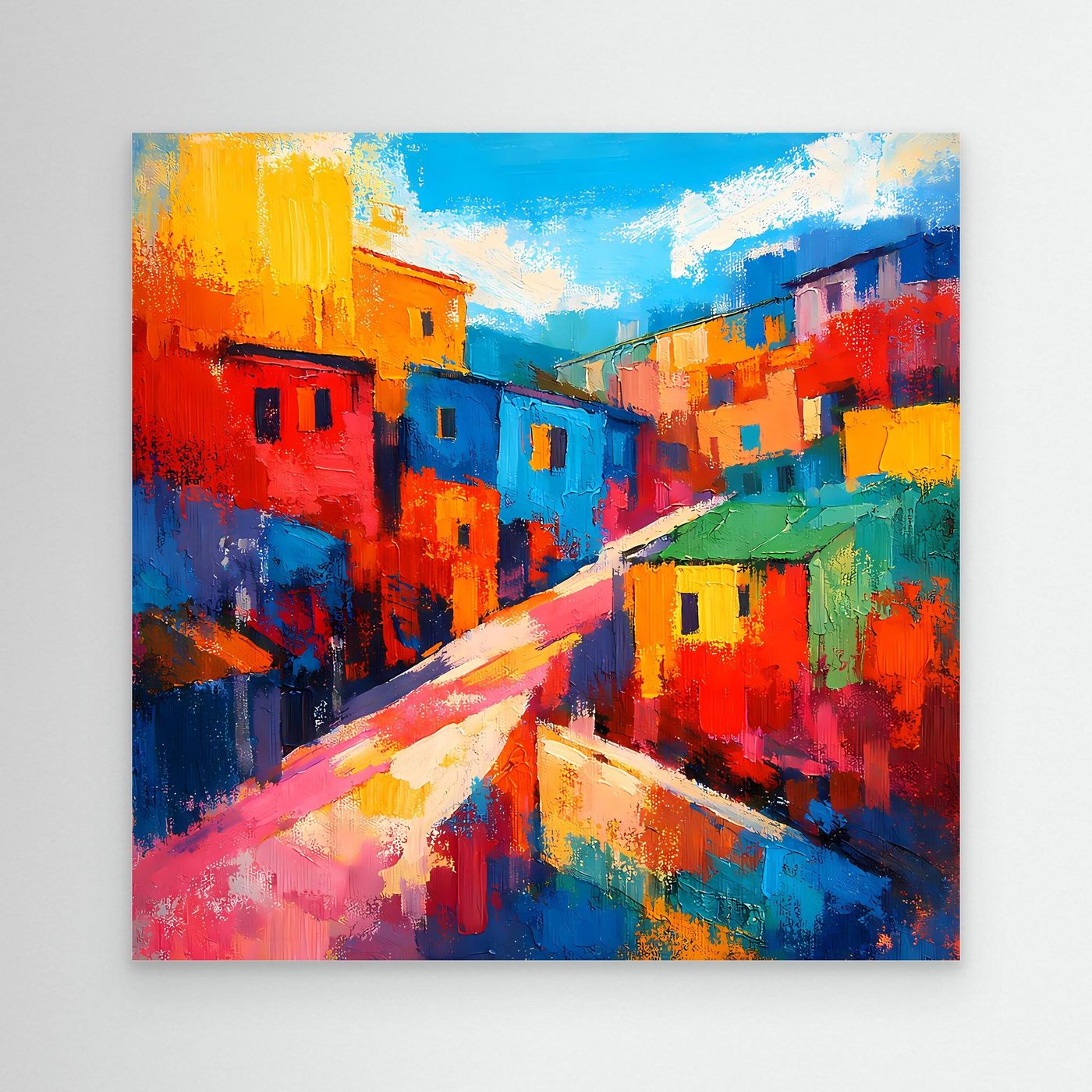 Abstraktes Favela-Wandbild auf Leinwand: farbenfrohe Häuser und Straße, ohne Rahmen